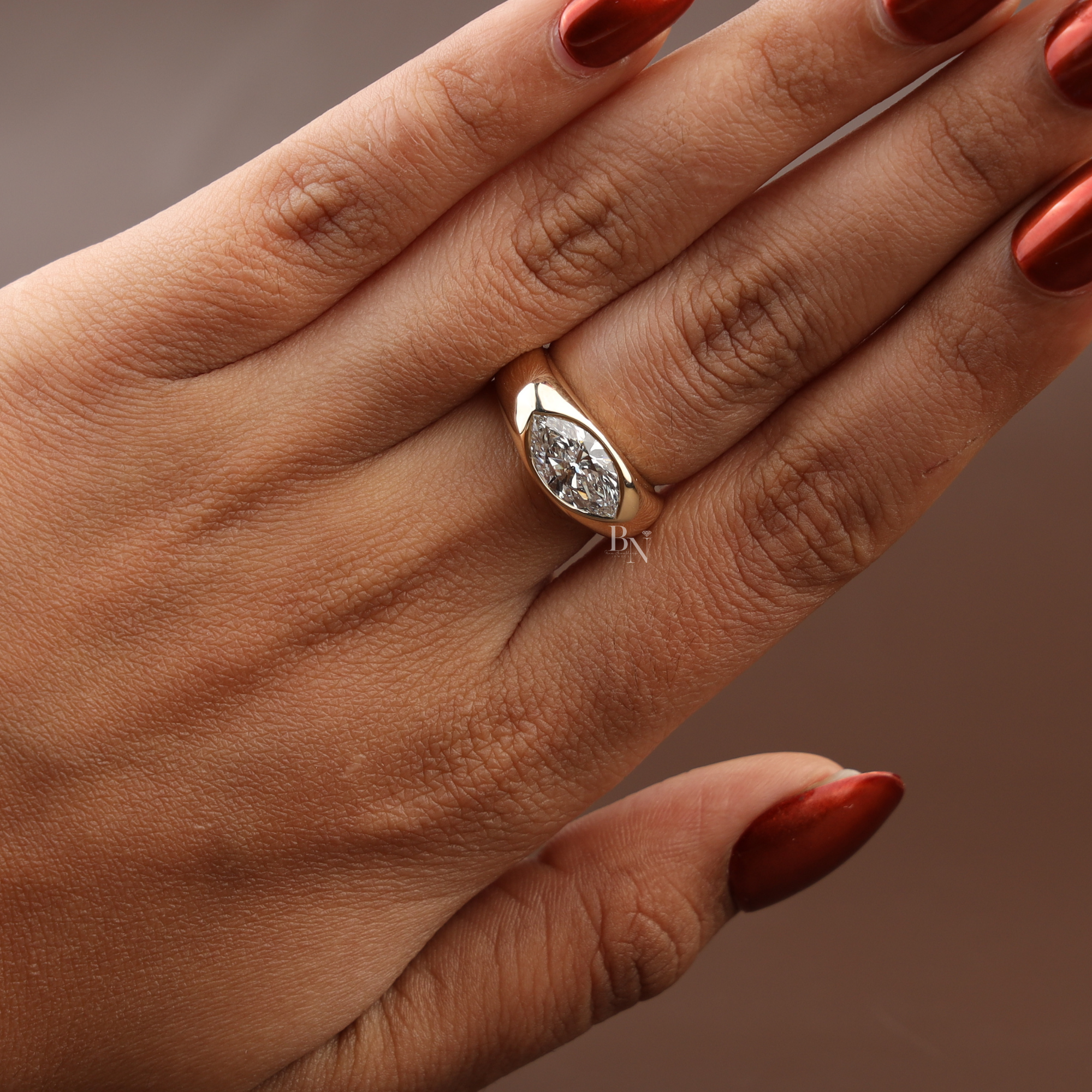 1.5ct Marquise Lab Grown Diamond Engagement Ring | Bezel Set East West Solitaire | 14K Yellow Gold Wide Band | IGI Certified |