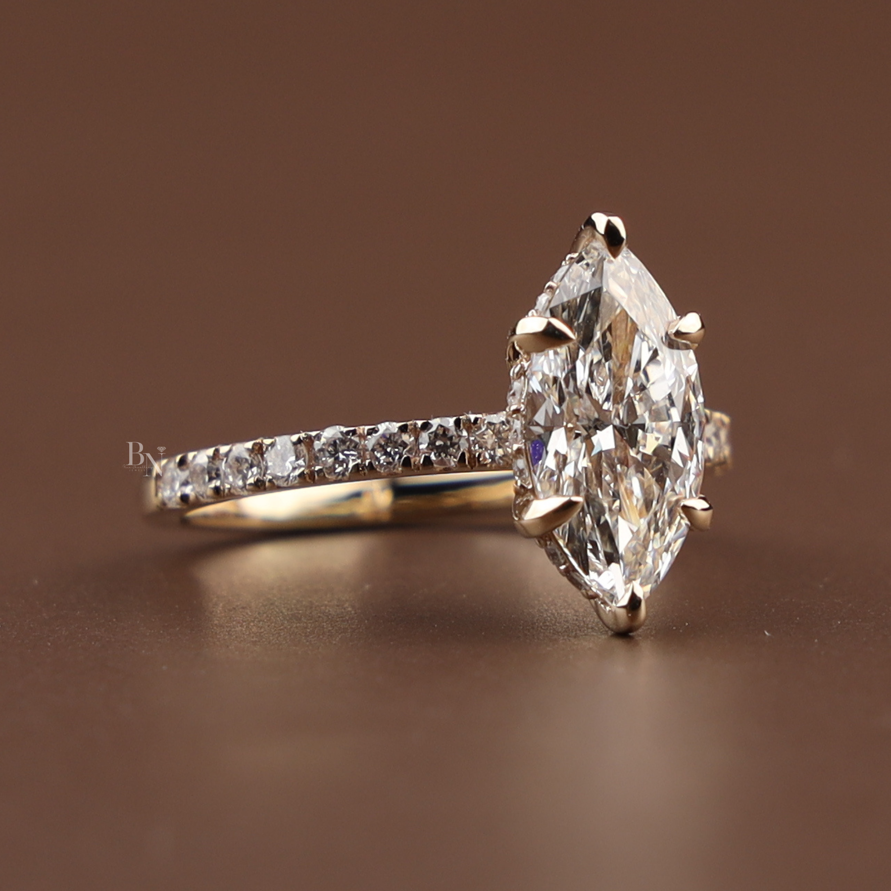 3ct Marquise Lab Grown Diamond Engagement Ring | Hidden Halo Pavé Bridal Ring 14K Yellow Gold