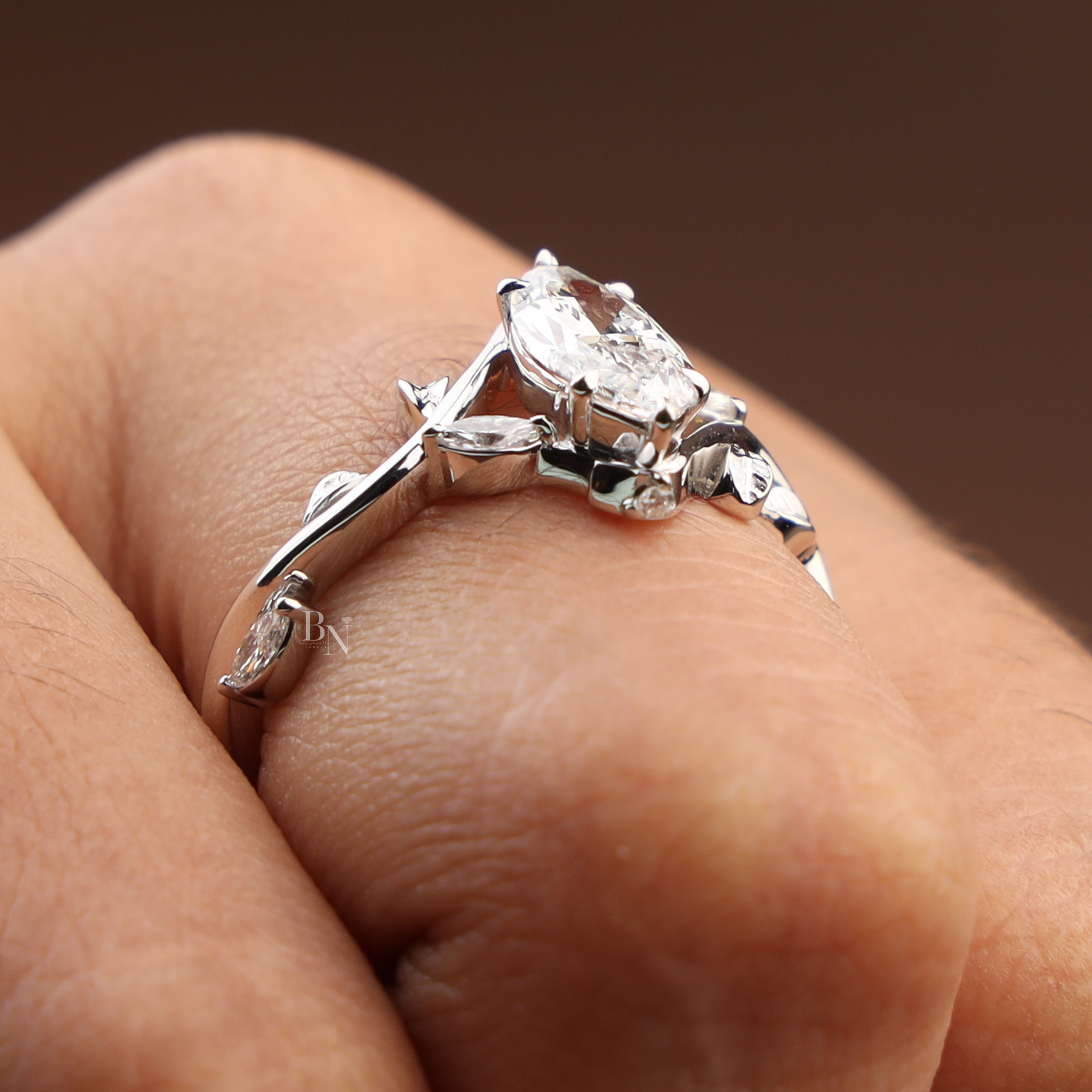 1ct Marquise Lab Grown Diamond Engagement Ring | Nature Vine Leaf Setting 14K White Gold