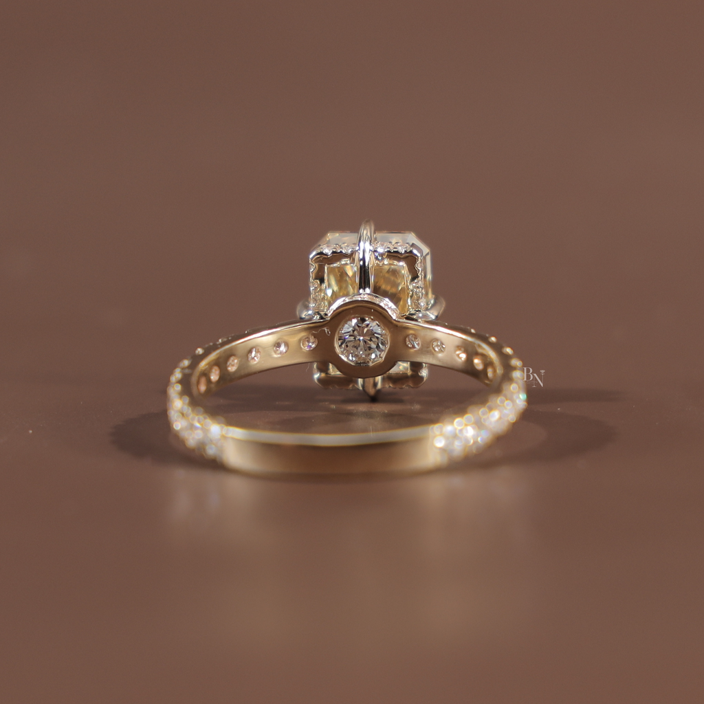 3.5ct Radiant Cut Fancy Yellow Lab Grown Diamond Engagement Ring | Hidden Halo | 14K White Gold Pave Band | IGI Certified Canary Diamond