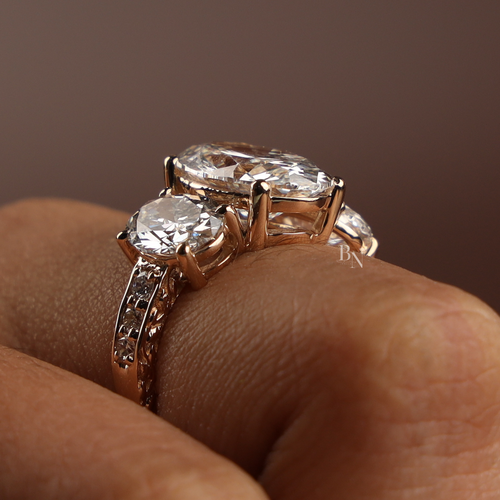 4ct Oval Lab Diamond Engagement Ring, 14K Rose Gold Three Stone Ring, Graduated Oval Bridal Ring, Pave Anniversary Ring, Unique Wedding Ring