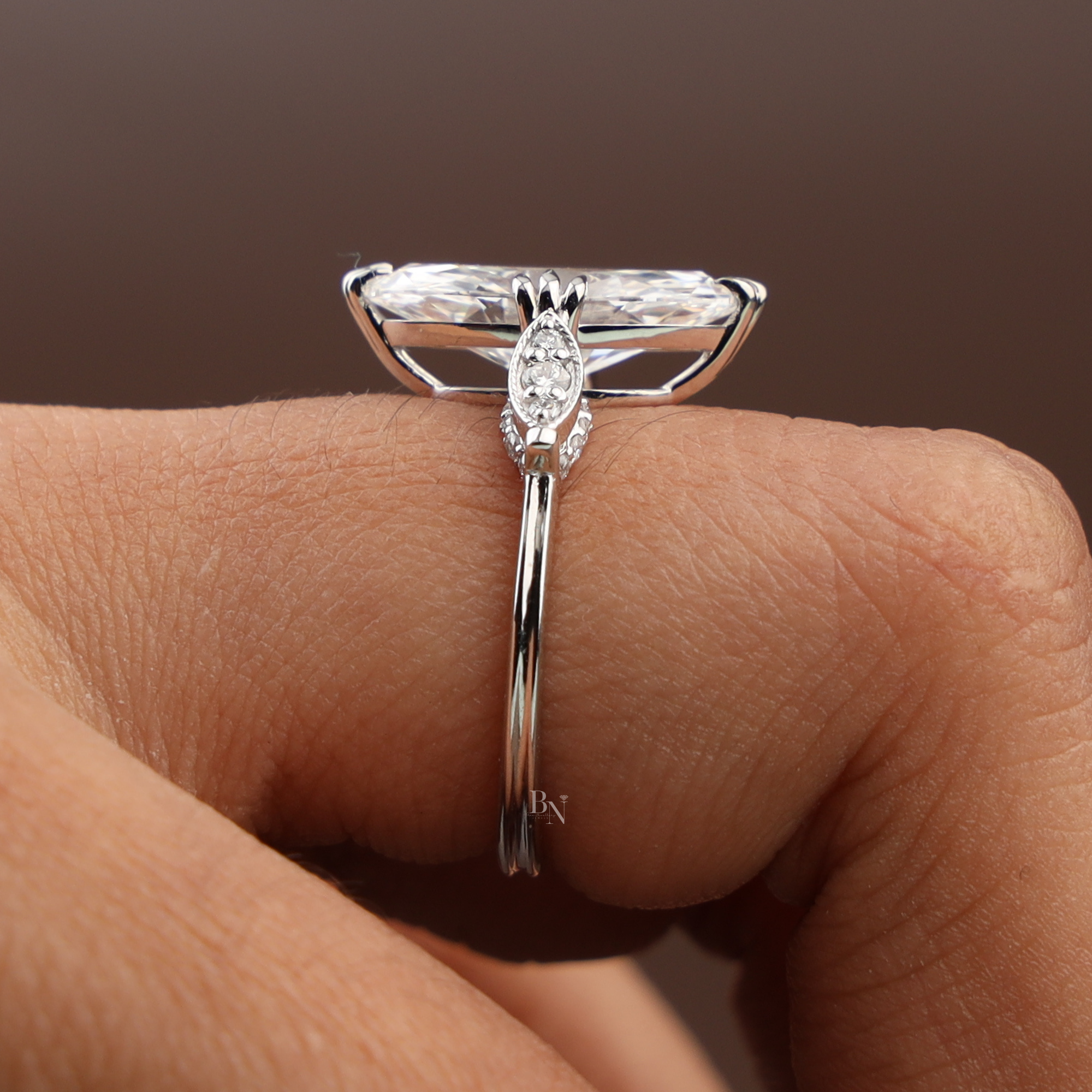 3ct Moval Cut Lab Grown Diamond Engagement Ring | 14K White Gold Vintage Solitaire | Milgrain Navette Band| Art Deco Promise