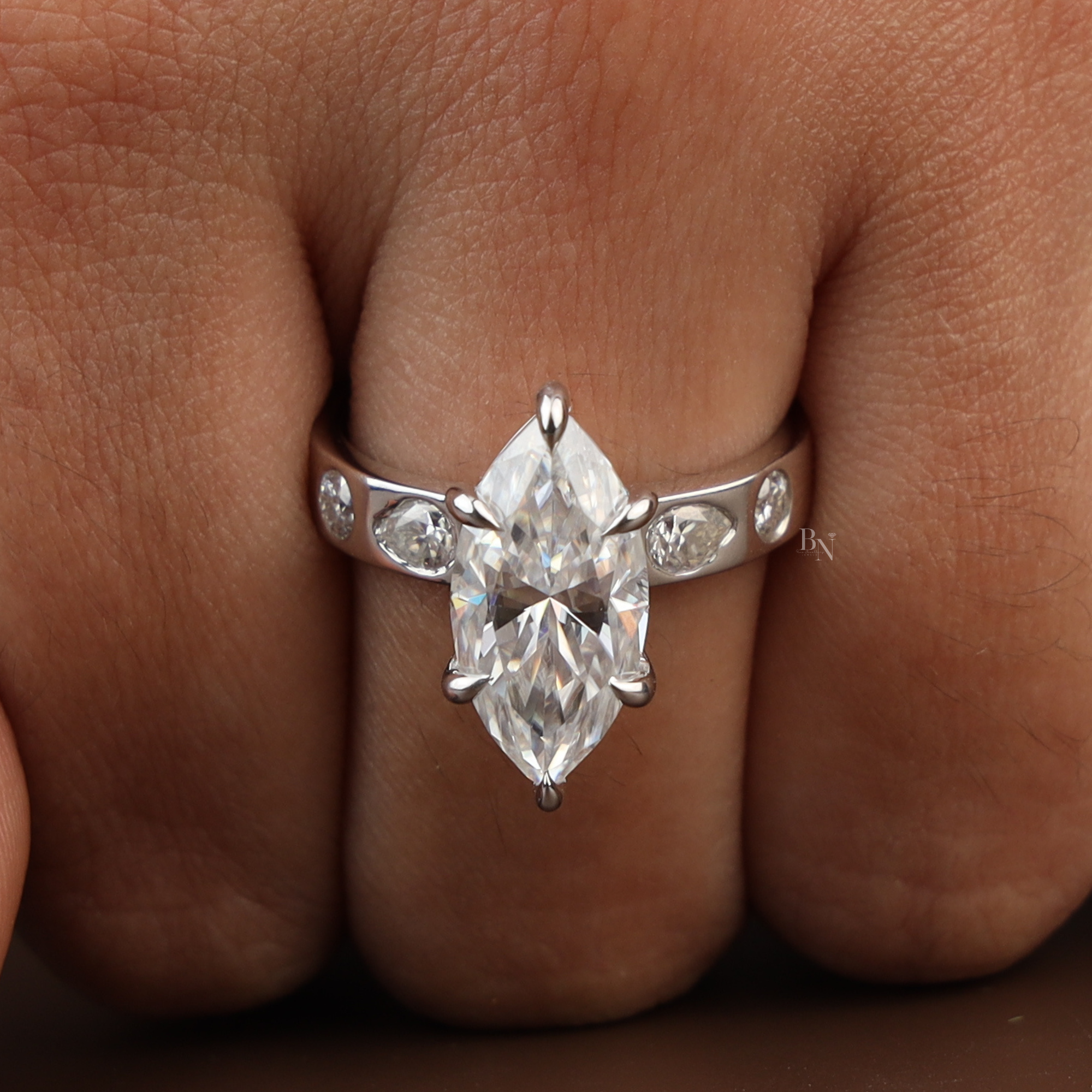 3ct Marquise Lab Grown Diamond Engagement Ring | 14K White Gold Six Prong V-Tip Solitaire | Unique Bezel Accent Band |