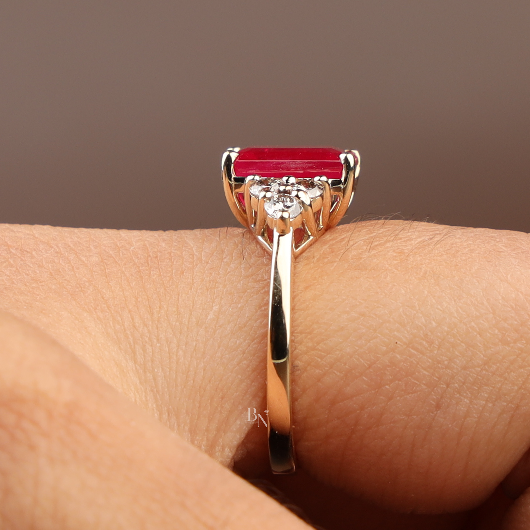 2ct Emerald Cut Red Lab Grown Diamond Engagement Ring | Hidden Halo Triple Cluster 14K Yellow Gold
