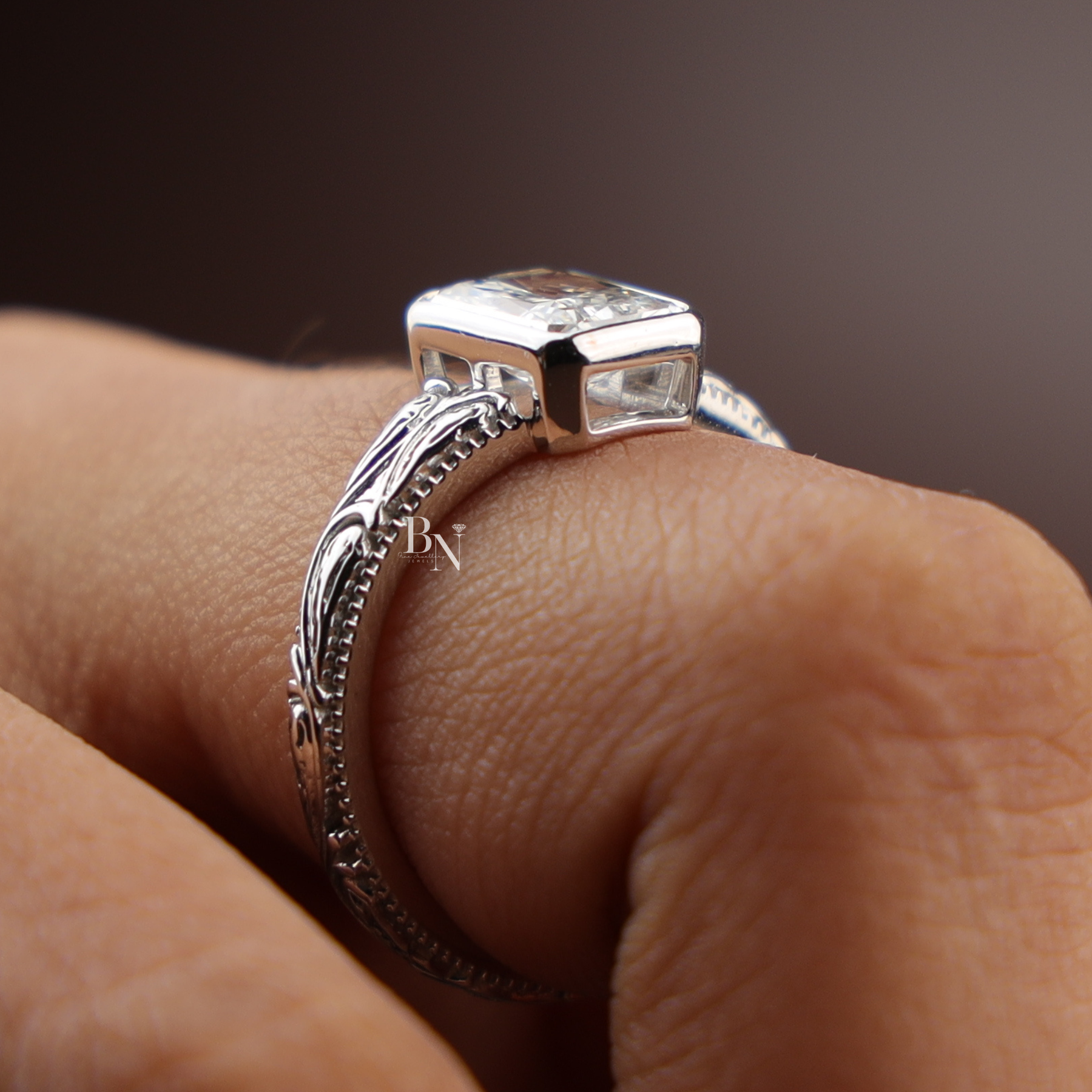 1.5ct Radiant Lab Grown Diamond Engagement Ring | Vintage Engraved Bezel Art Deco 14K Gold