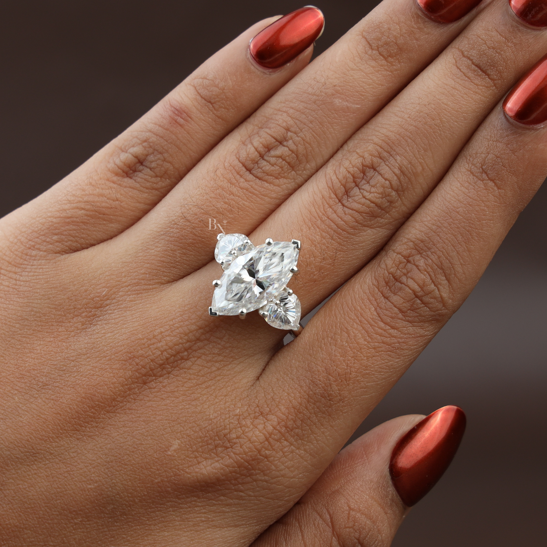 5.50ct Marquise Lab Grown Diamond Engagement Ring | Heart Side Stones Three Stone 14K White Gold