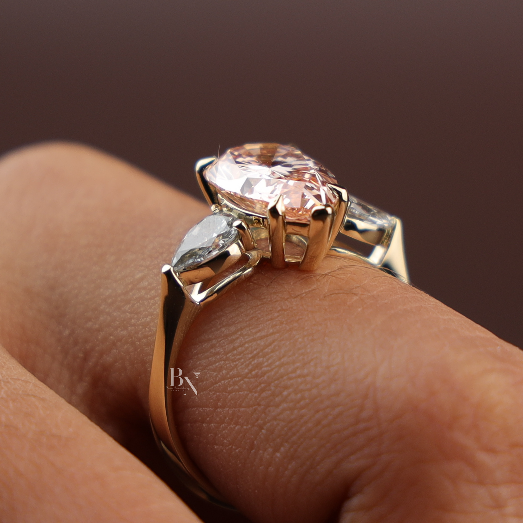 3ct Fancy Pink Pear Cut Lab Grown Diamond Engagement Ring | Three Stone Tapered Bridal 14K Yellow Gold