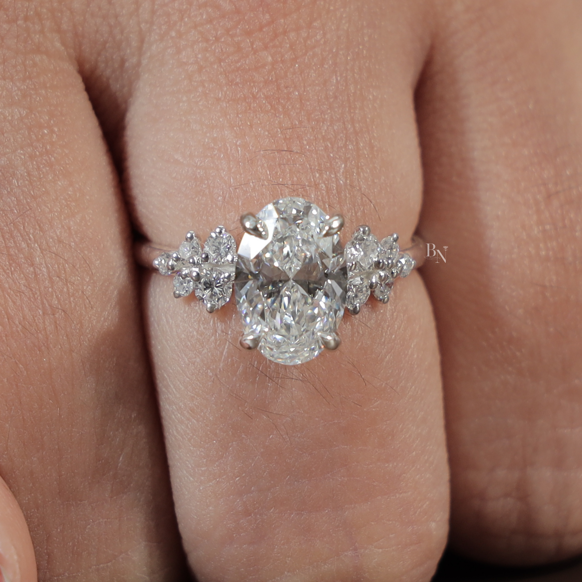 2 Carat Oval Lab Grown Diamond Engagement Ring | 14K White Gold Cluster Setting | IGI Certified | Unique Bridal Anniversary Ring |