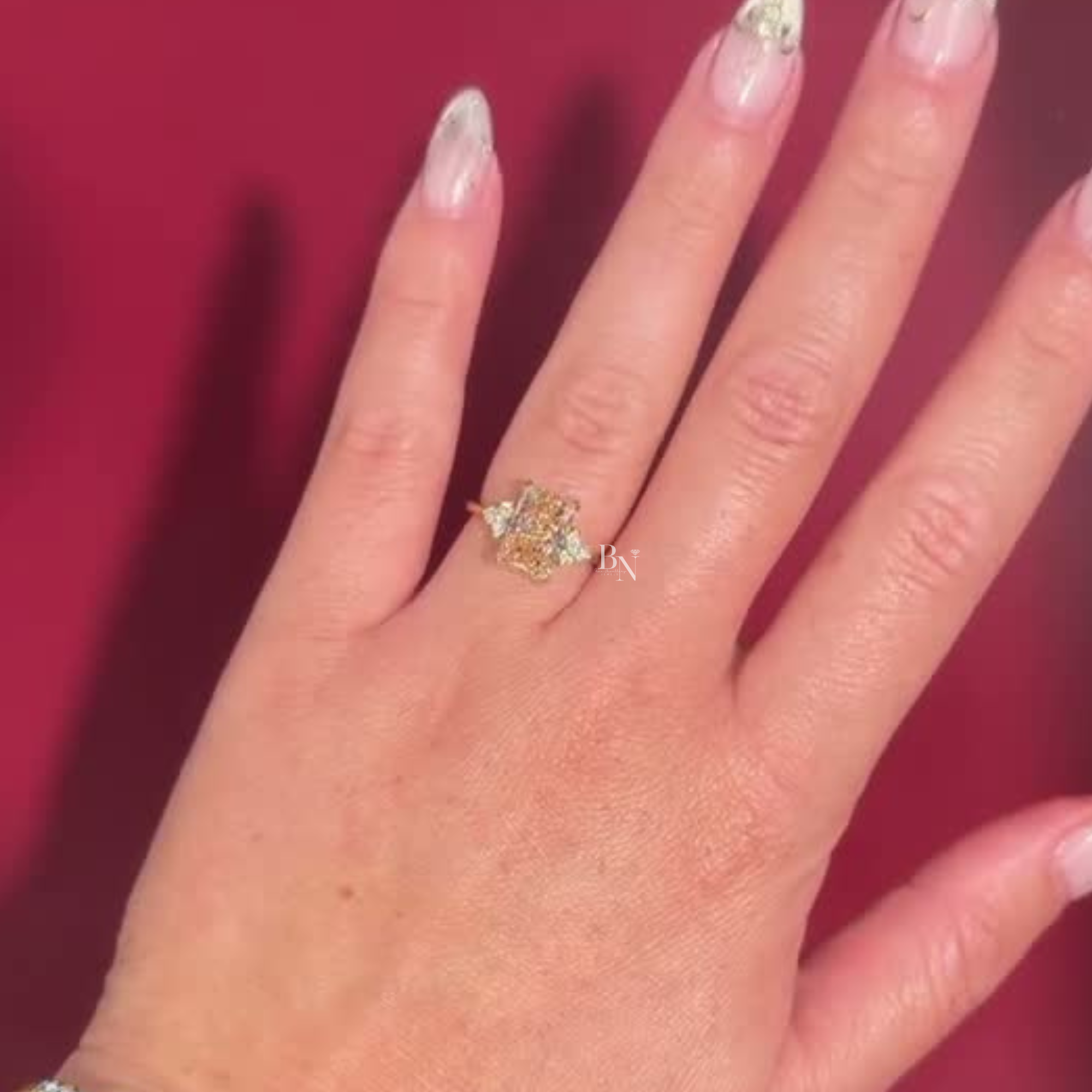 3ct Fancy Yellow Radiant Cut Lab Grown Diamond Engagement Ring | 14K Gold Hidden Halo | Yellow Diamond Three Stone Ring |