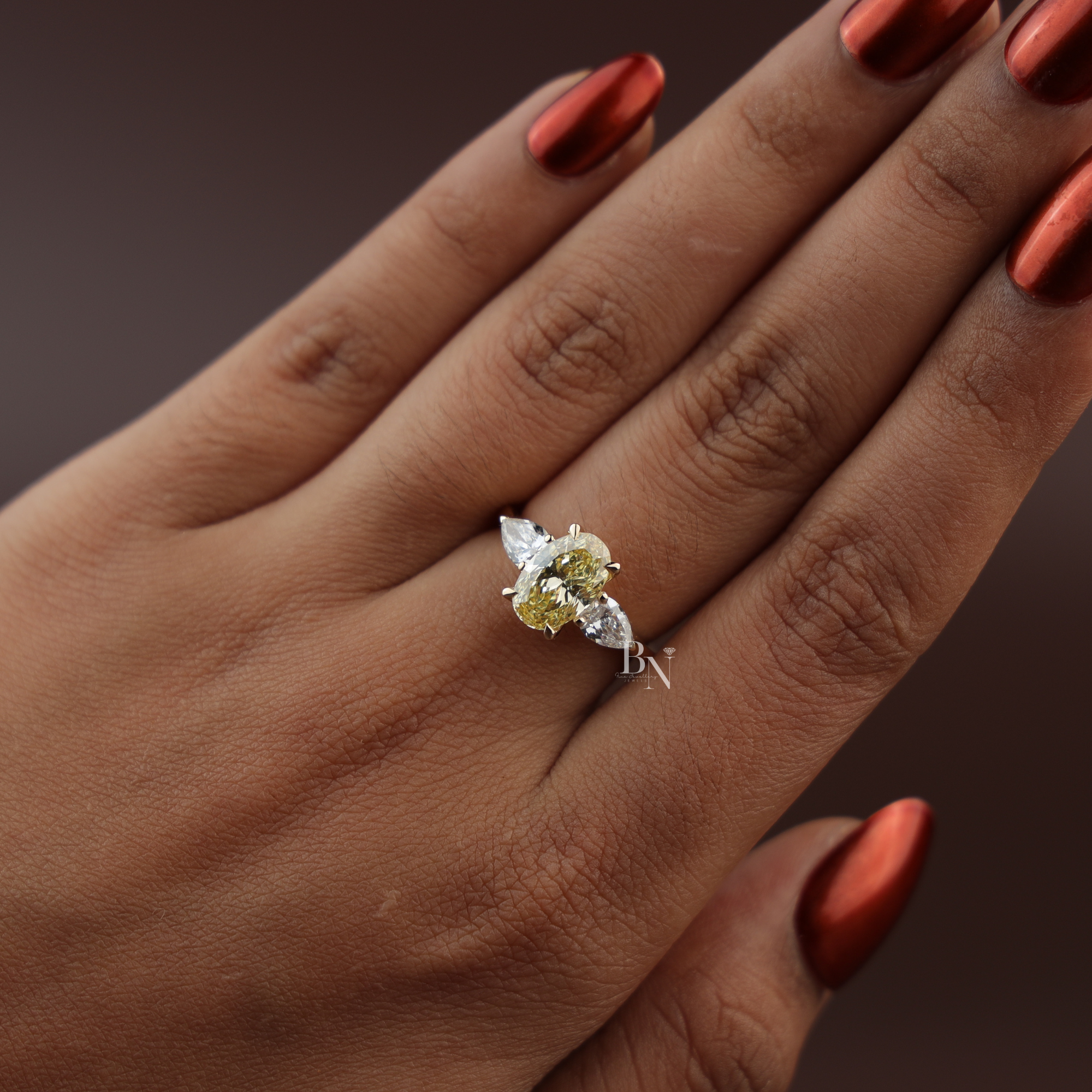 2ct Fancy Yellow Oval Lab Grown Diamond Engagement Ring | 14K Yellow Gold Three Stone Ring | Pear Cut