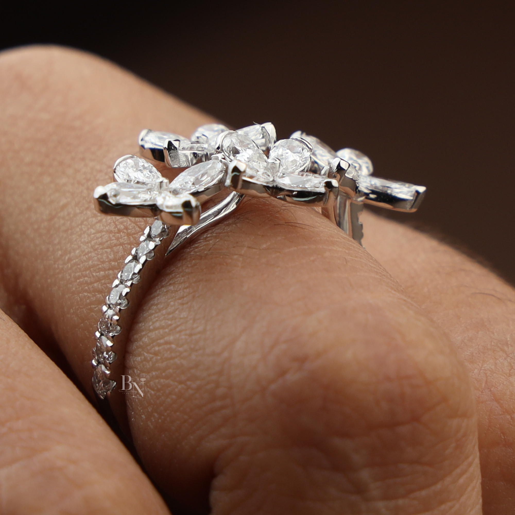 2ctw Butterfly Lab Grown Diamond Ring | Marquise Cut Cluster Bypass Band | 14K White Gold Floral Engagement Ring |