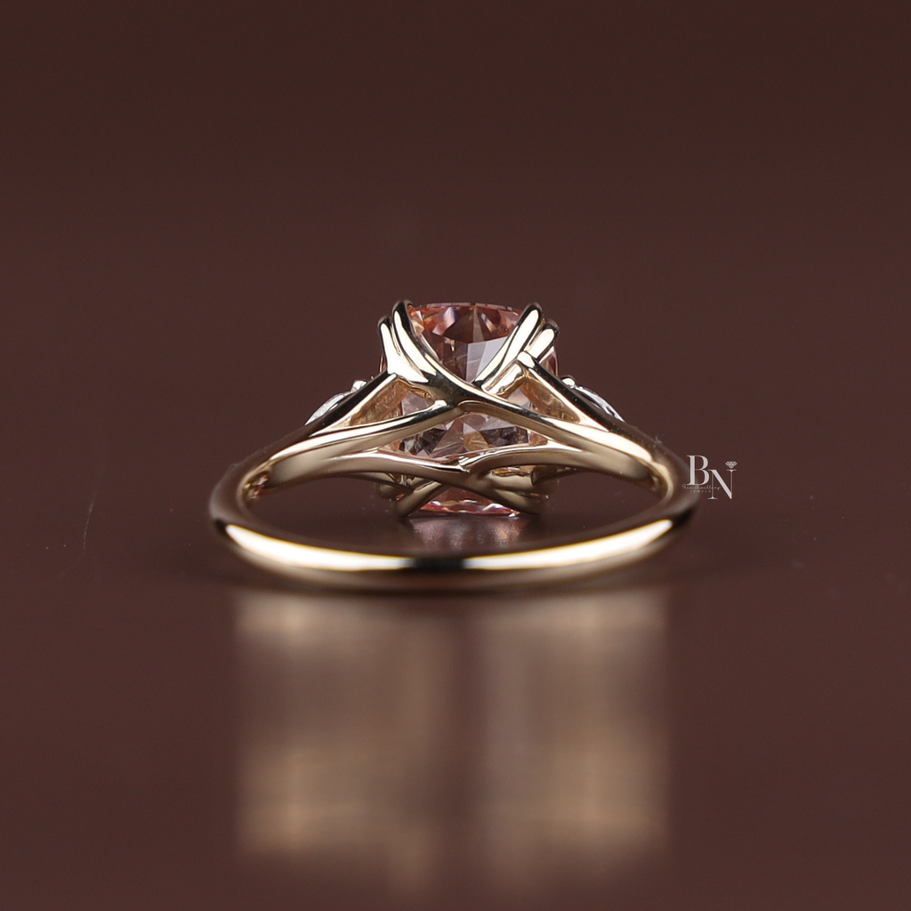3ct Fancy Pink Cushion Lab Diamond Engagement Ring, 14K Gold Three Stone Bridal Ring, Pink Cushion Cut Anniversary Ring, Pear Side Stone Ring