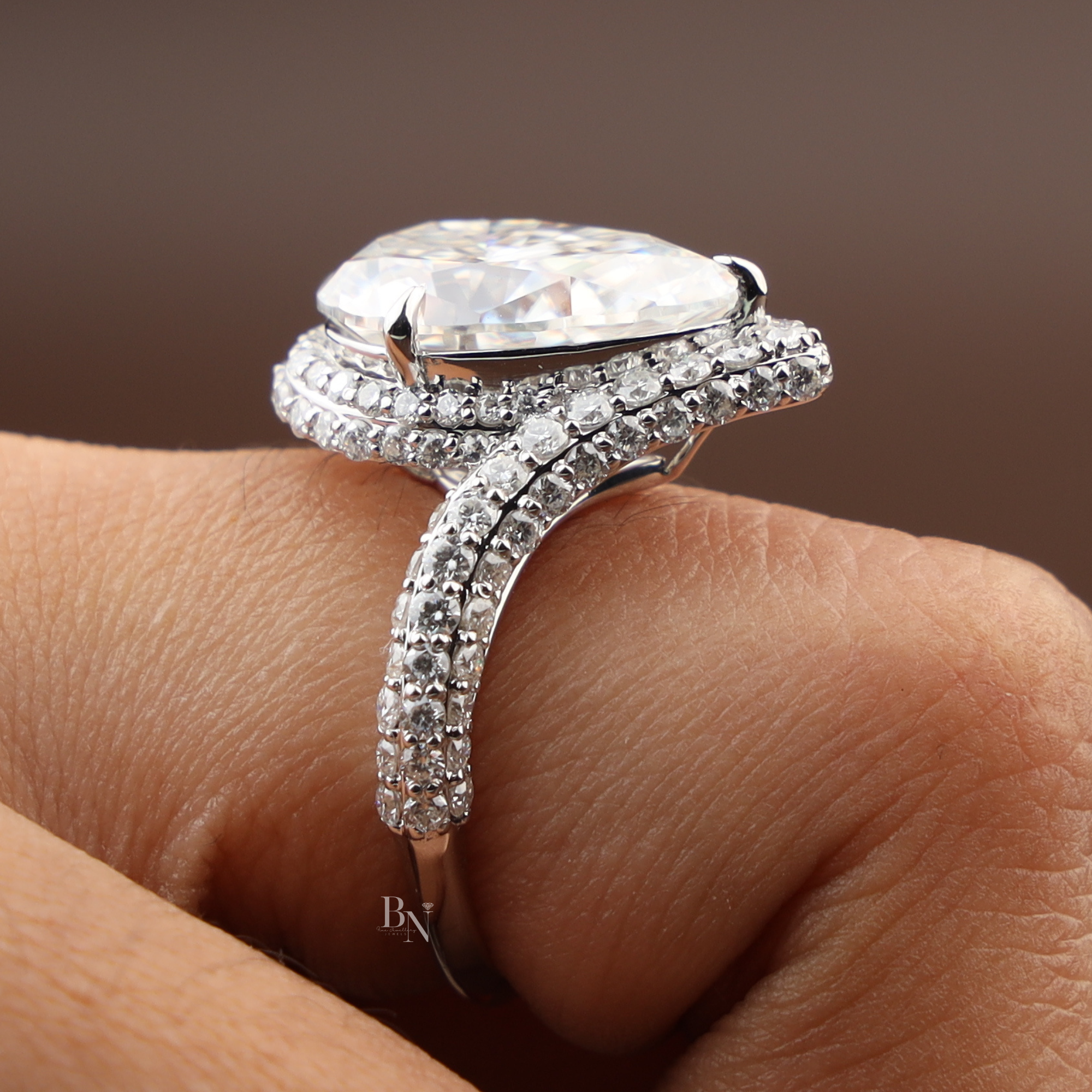 5.50ct Pear Moissanite Engagement Ring | 14K White Gold Triple Pave Bypass Band | Double Halo Sparkle Ring | High Brilliance Bridal Jewelry