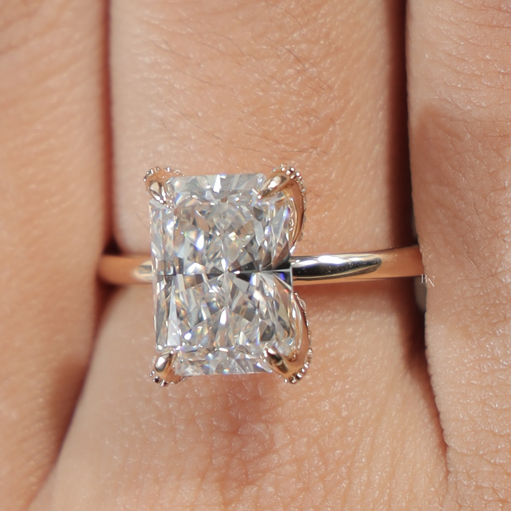 3.5ct Radiant Cut Lab Grown Diamond Engagement Ring | Hidden Halo Pave Bridge | 14K Yellow Gold Bridal Ring | Type IIa IGI Certified Diamond