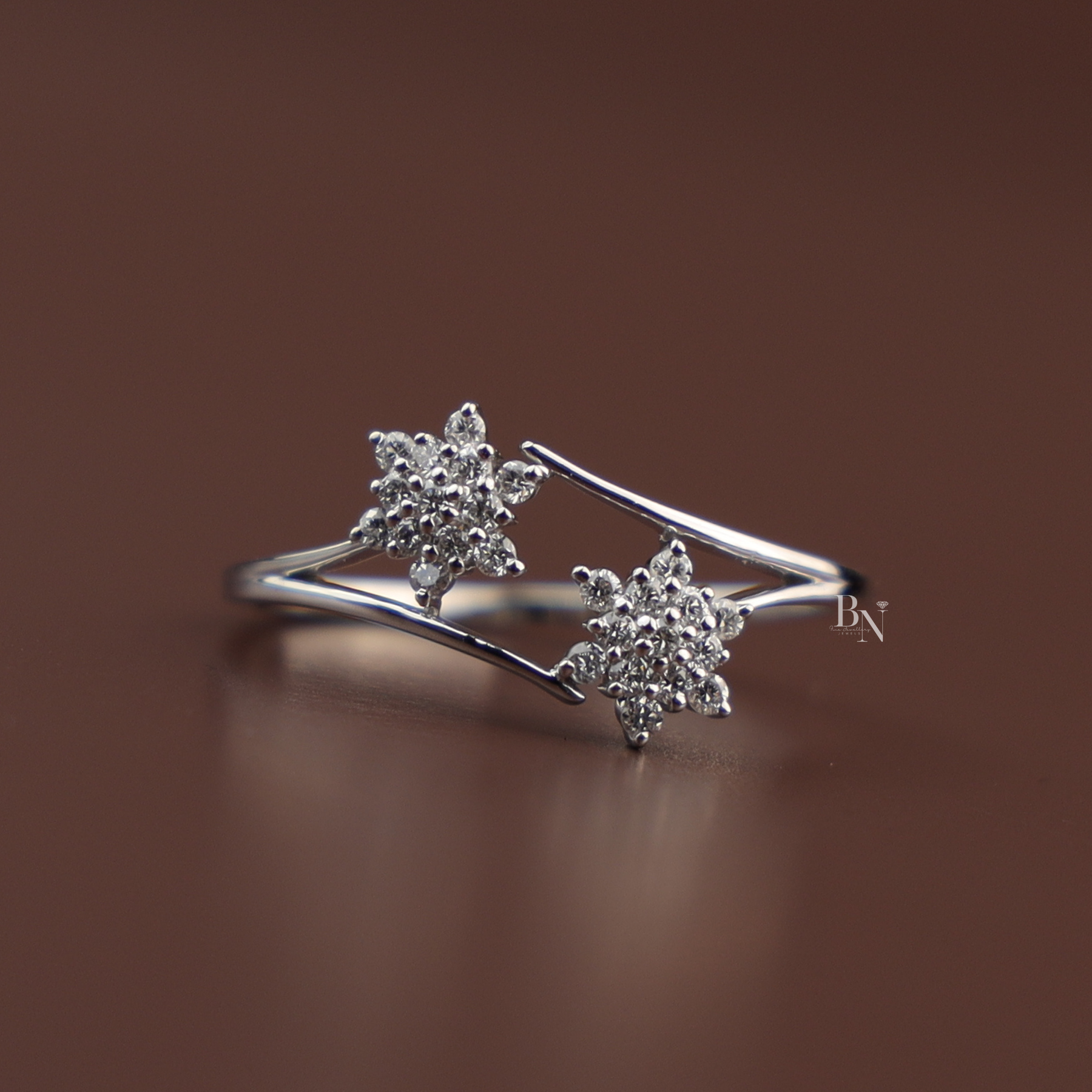Lab Grown Diamond Open Bypass Ring | Star Cluster Floral Wrap Dainty Stacking 14K White Gold