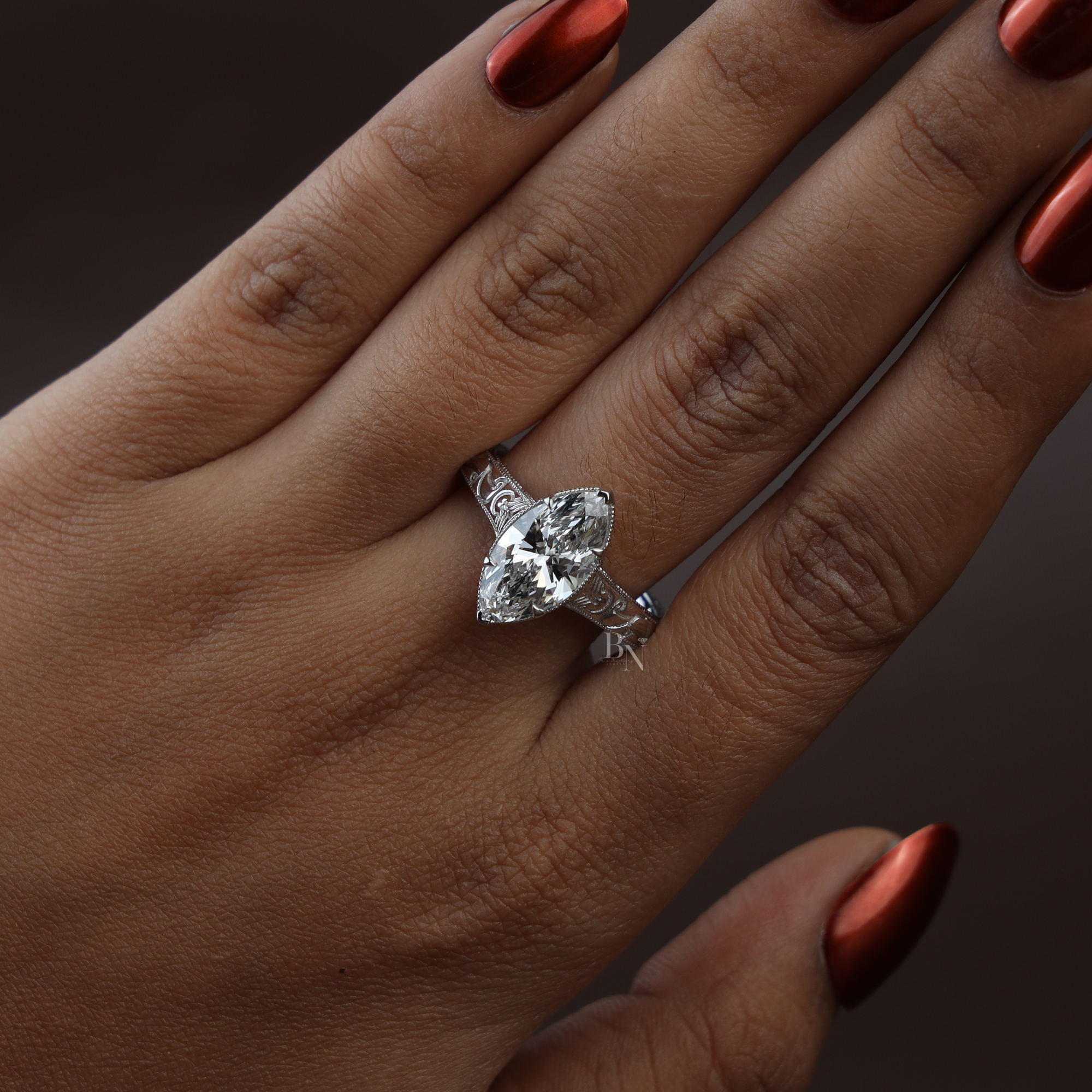 3ct Marquise Lab Diamond Engagement Ring | Vintage Art Deco Style | Engraved Antique Band | Milgrain Setting |Unique Proposal Ring