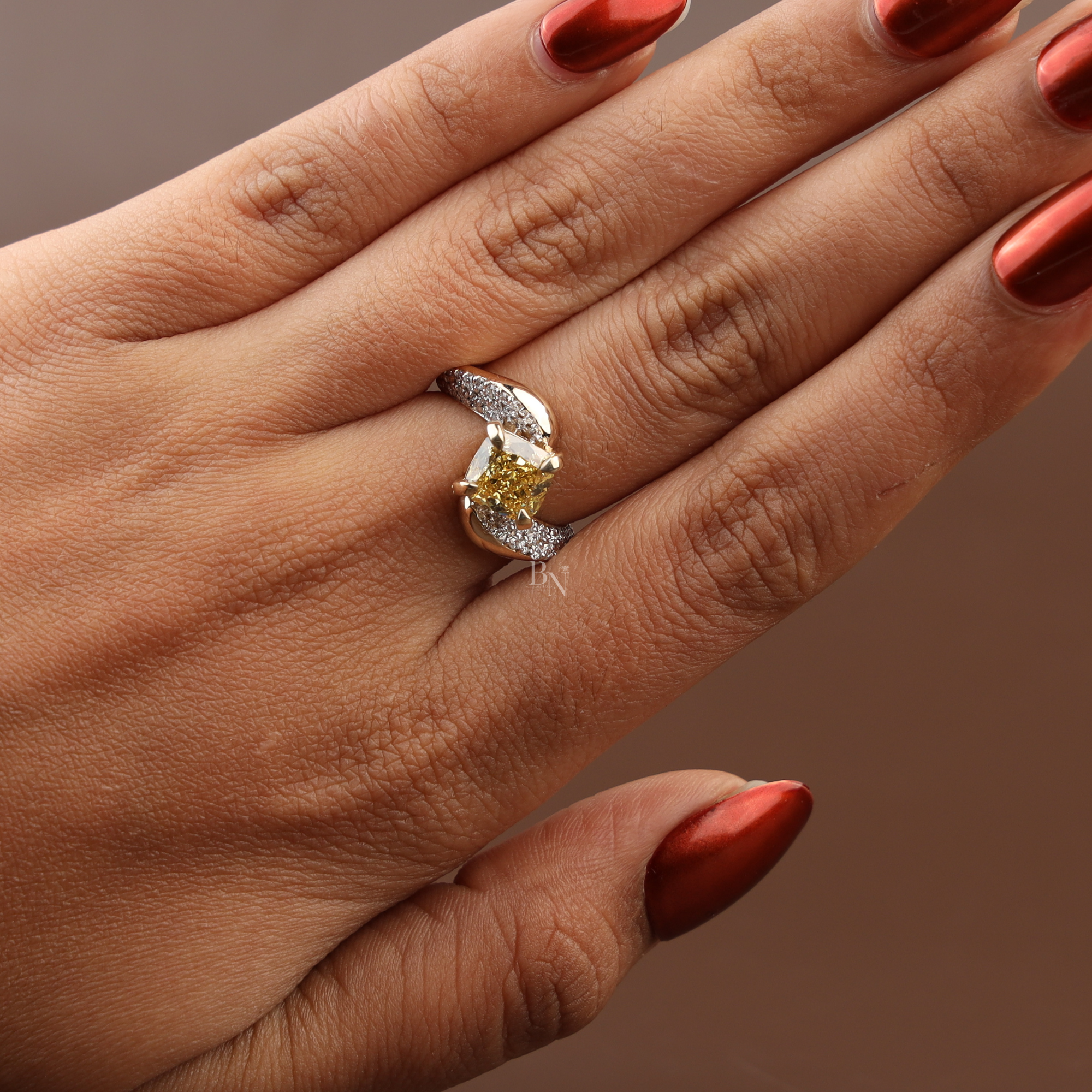 2ct Cushion Cut Fancy Yellow Lab Grown Diamond Engagement Ring | 14K Yellow Gold | Bypass Pavé Band | IGI Certified |
