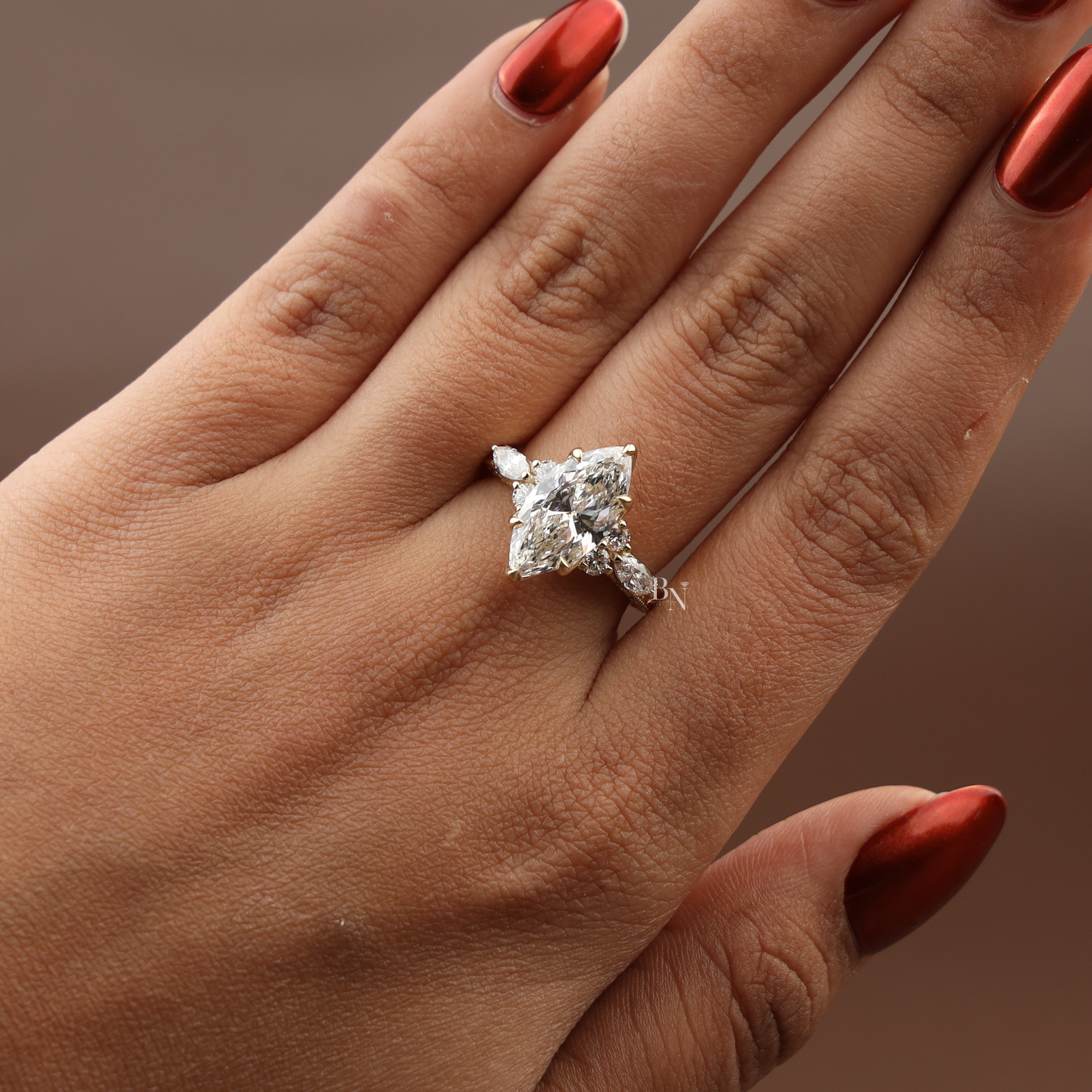 3ct Marquise Lab Grown Diamond Engagement Ring |  Gold Vintage Filigree Ring |  Lotus Setting | Antique Bridal Ring
