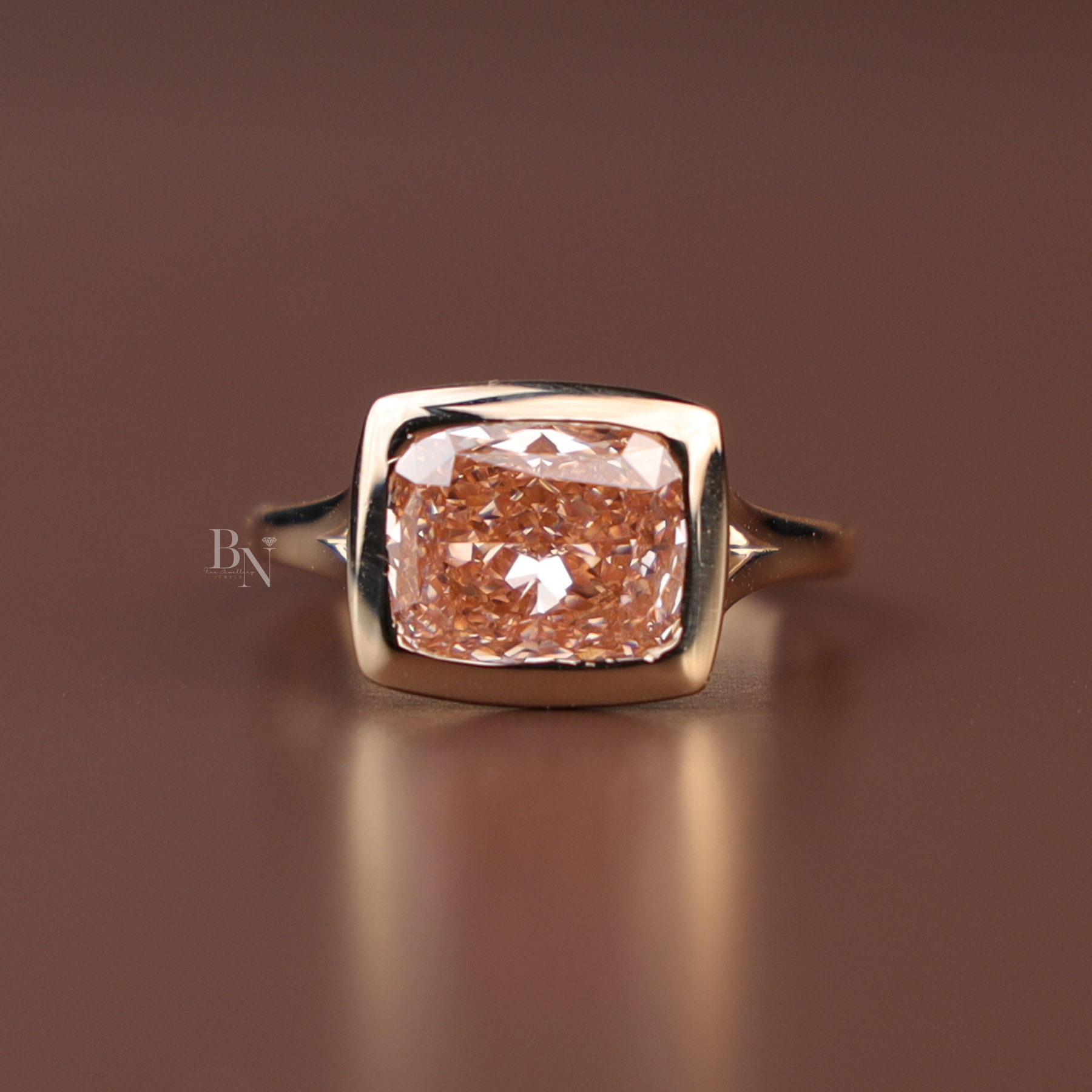 3ct Fancy Pink Cushion Lab Grown Diamond Ring | East West Bezel Set Minimalist Solitaire 14K Rose Gold