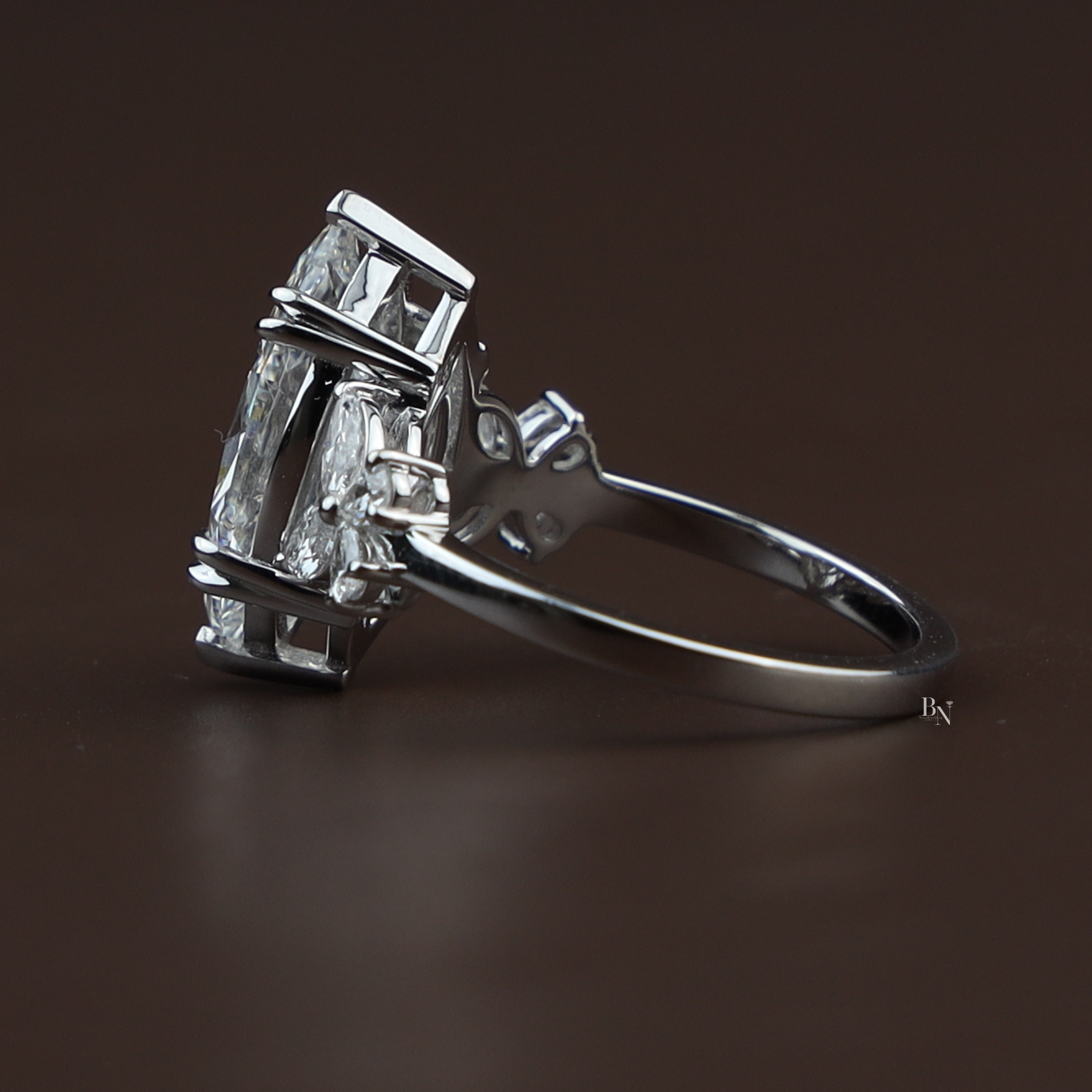 3.50ct Marquise Lab Grown Diamond Engagement Ring | Butterfly Side Stones V-Prong 14K White Gold