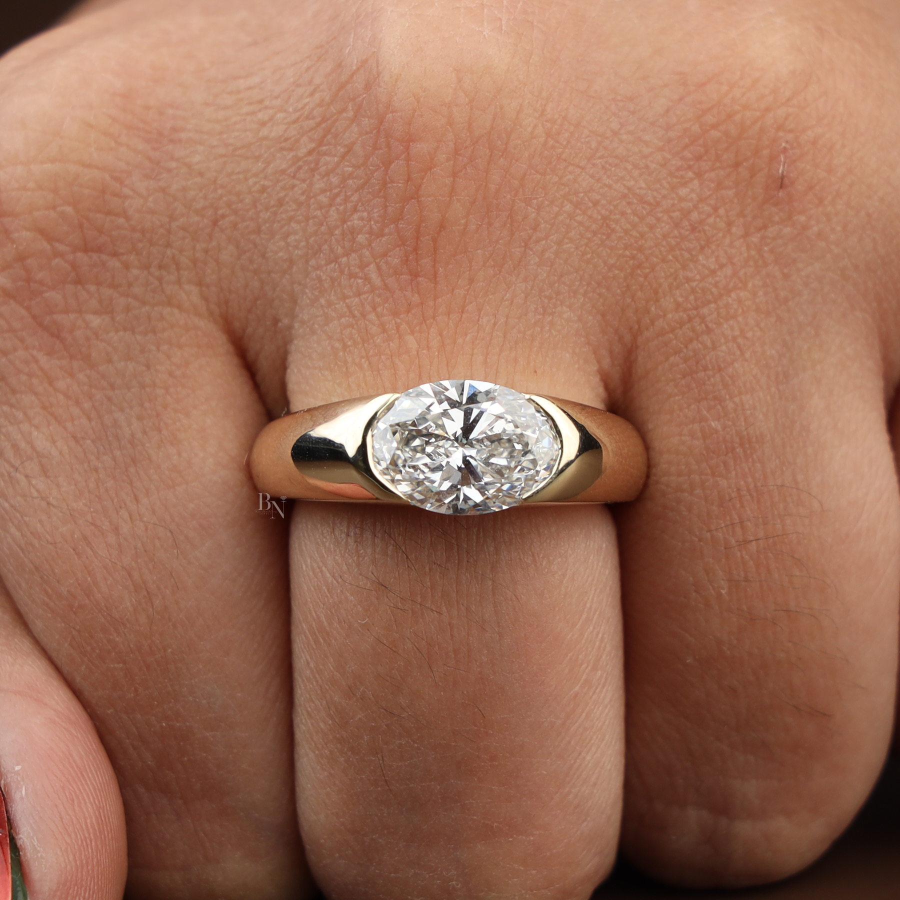 2.5ct East West Oval Lab Grown Diamond Engagement Ring | Half Bezel Signet 14K Yellow Gold