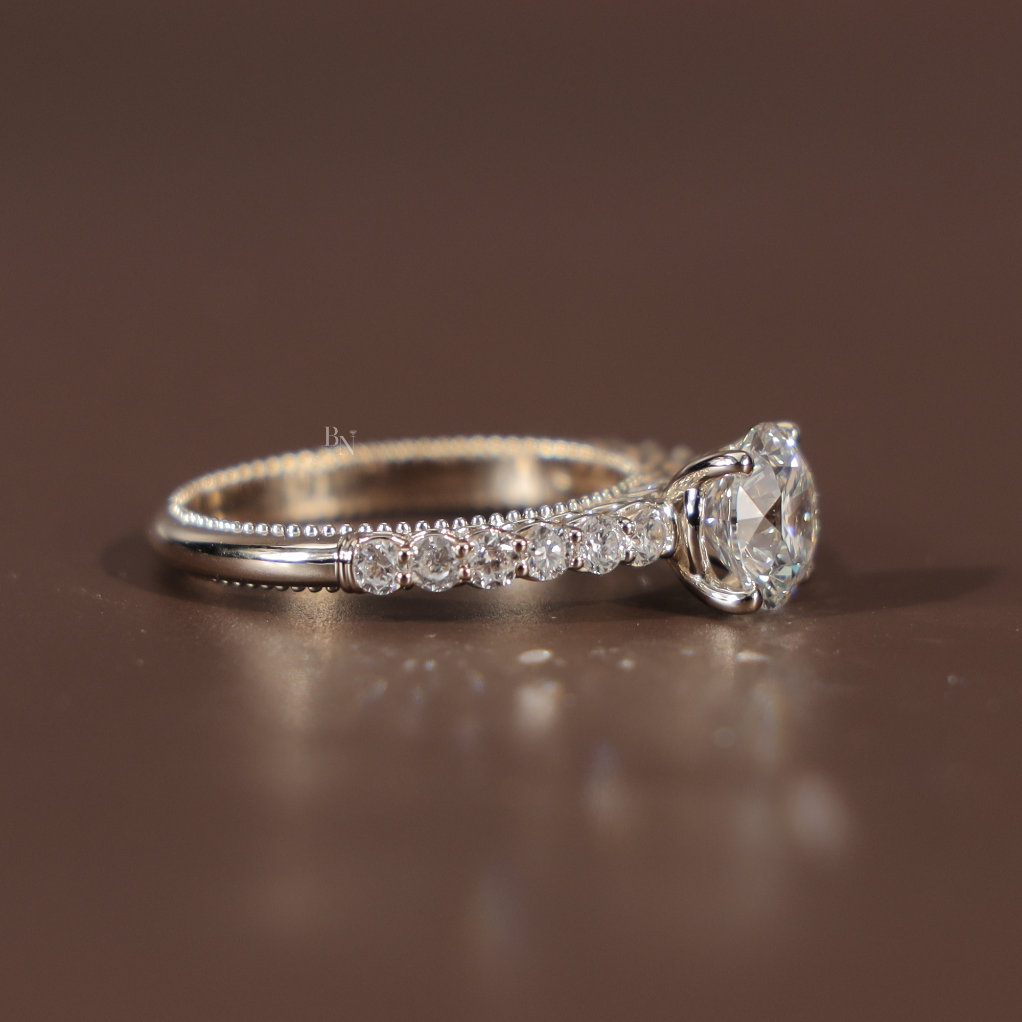 2ct Round Brilliant Lab Grown Diamond Engagement Ring | 14K Rose Gold Filigree Gallery | Pavé Diamond Band | Milgrain Vintage Bridal Ring