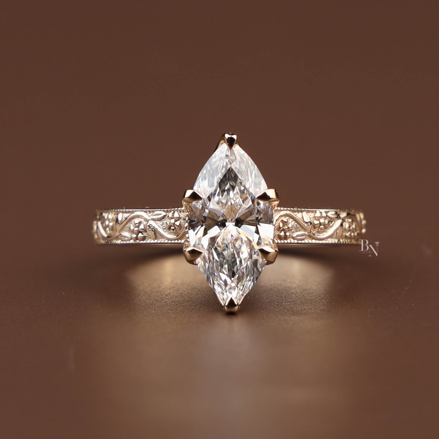 2ct Marquise Lab Grown Diamond Engagement Ring | Vintage Engraved Art Deco Solitaire 14K Gold