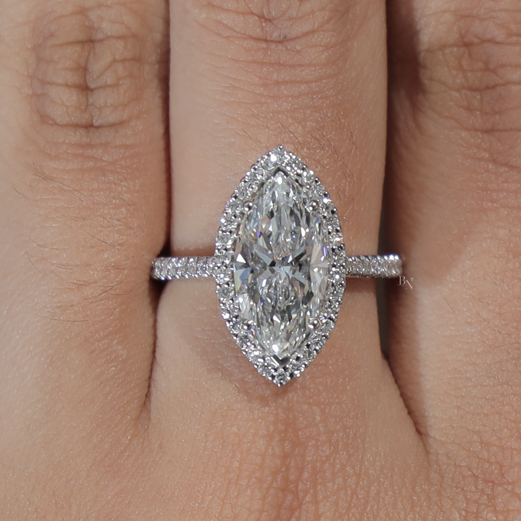 3ct Marquise Lab Grown Diamond Engagement Ring | Halo Pavé Band 14K White Gold