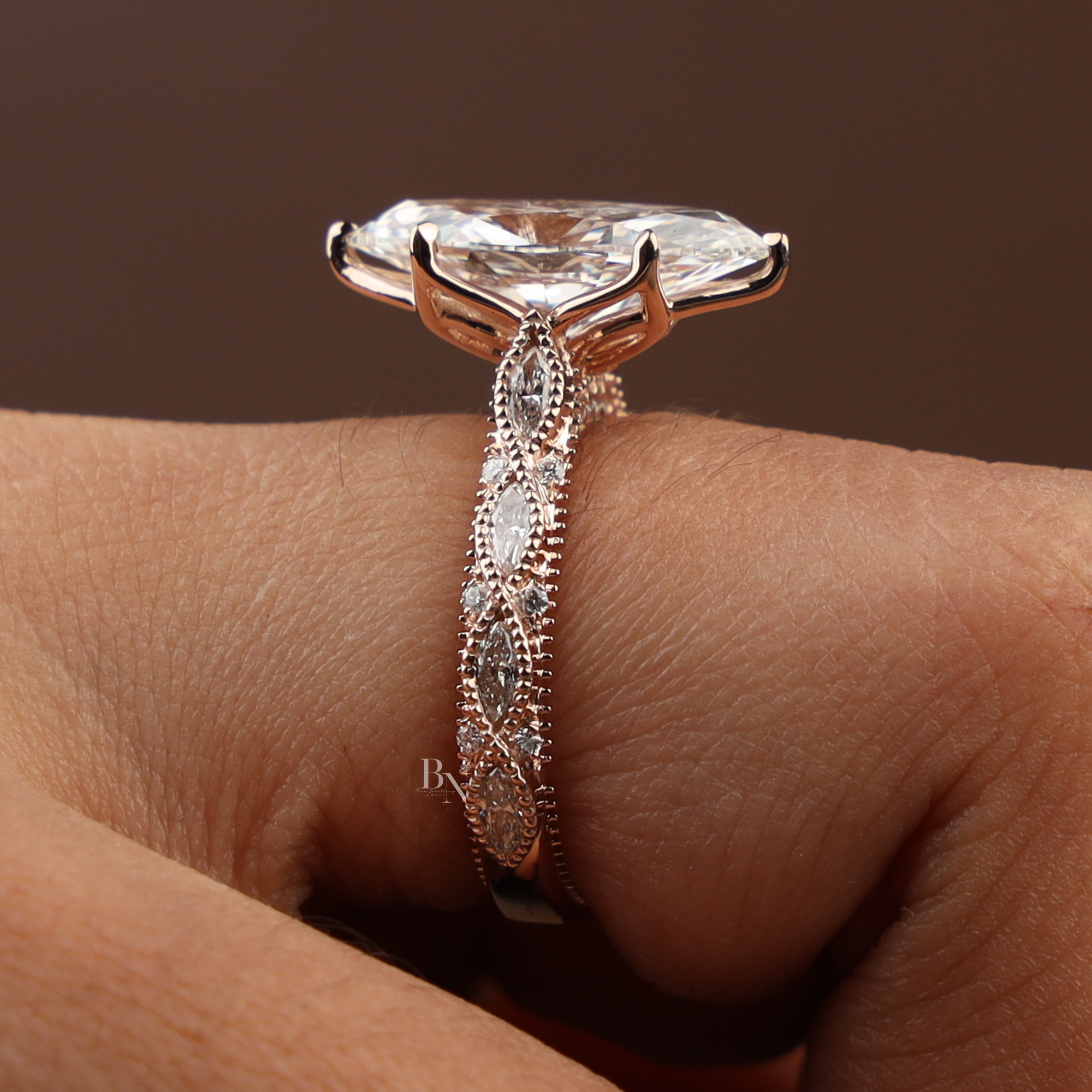 3ct Marquise Lab Grown Diamond Engagement Ring | Vintage Twisted Vine Rose Gold Band | Romantic Nature Inspired Solitaire |
