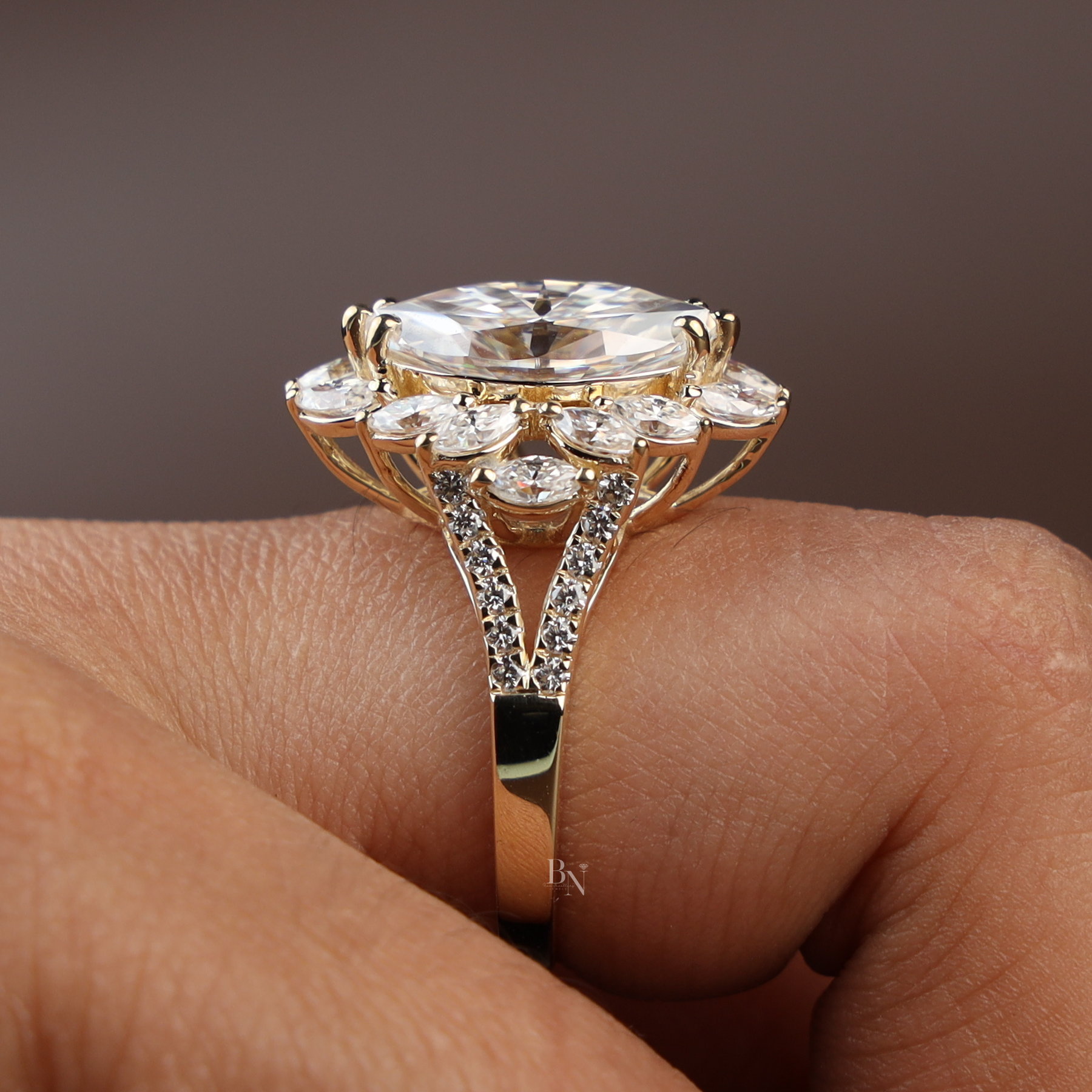 3ct Marquise Lab Grown Diamond Engagement Ring | Marquise Cluster Halo Split Shank 14K Gold