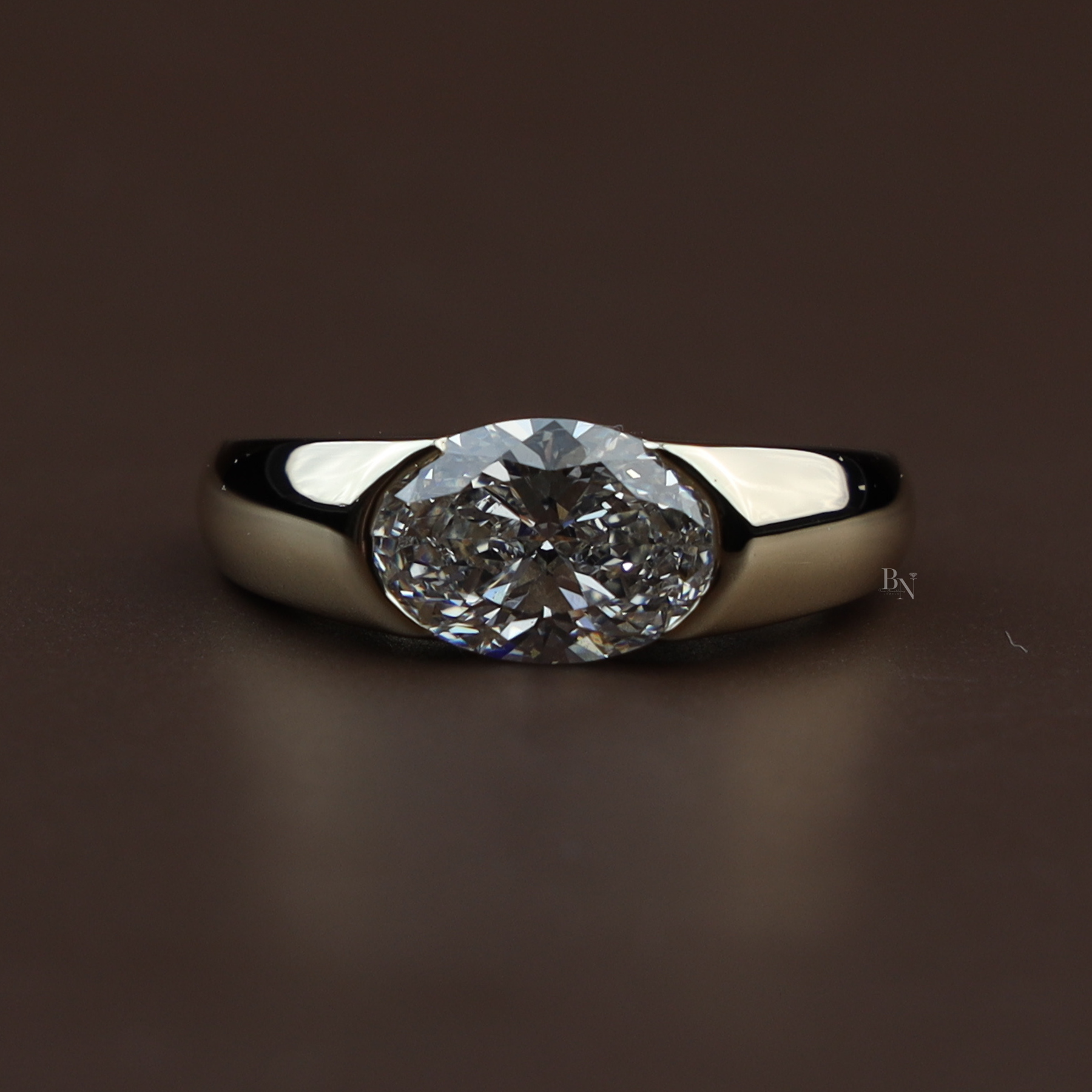 2.5ct East West Oval Lab Grown Diamond Engagement Ring | Half Bezel Signet 14K Yellow Gold