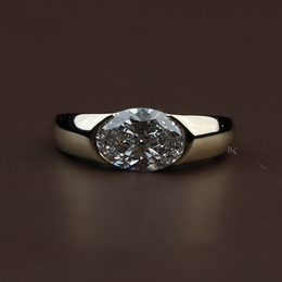 2.5ct East West Oval Lab Grown Diamond Engagement Ring | Half Bezel Signet 14K Yellow Gold