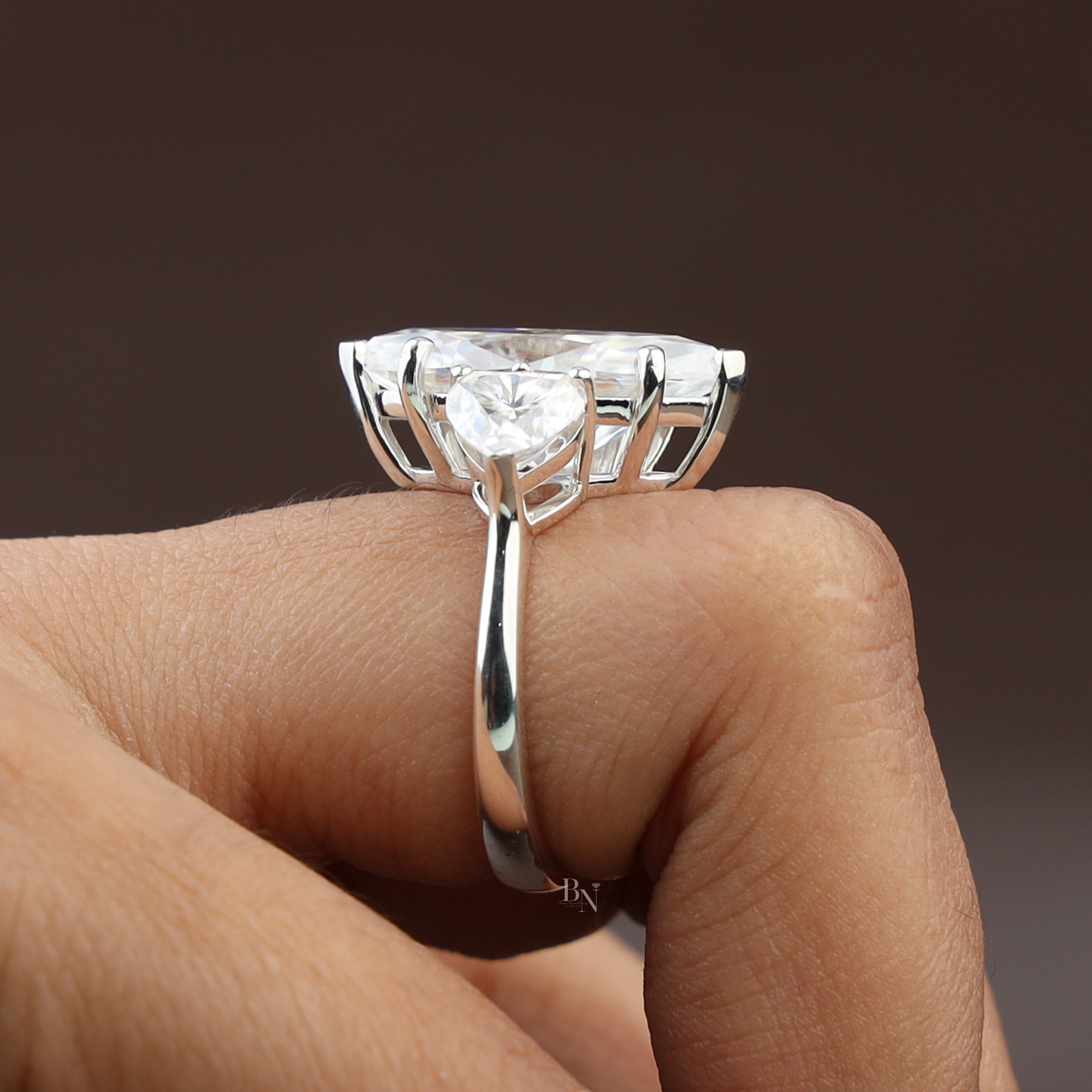 5.50ct Marquise Lab Grown Diamond Engagement Ring | Heart Side Stones Three Stone 14K White Gold