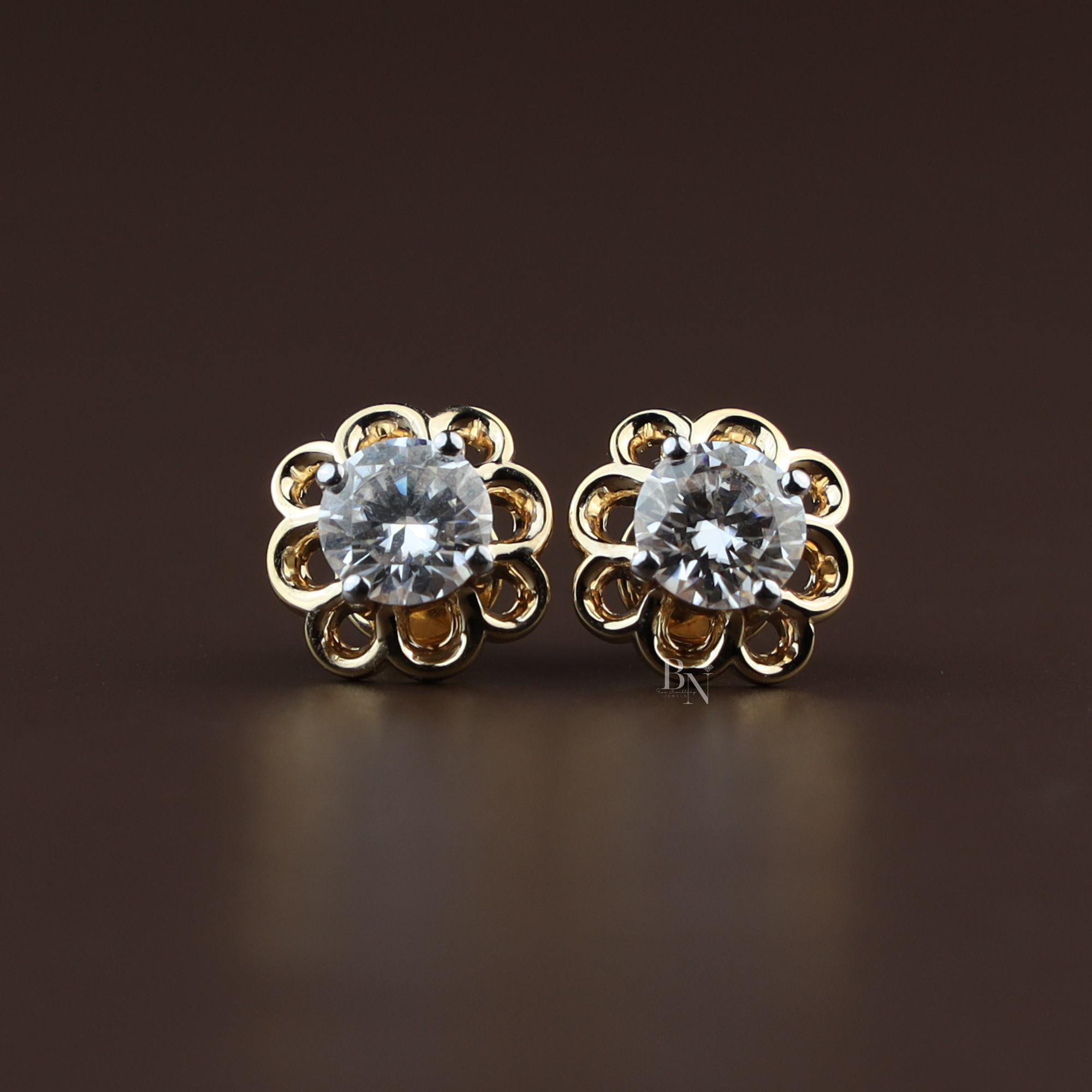 2ctw Round Lab Diamond Stud Earrings | Floral Gold Flower Studs | Ethical Diamond Fine Jewelry | Anniversary Gift for Her | Luxury Earrings