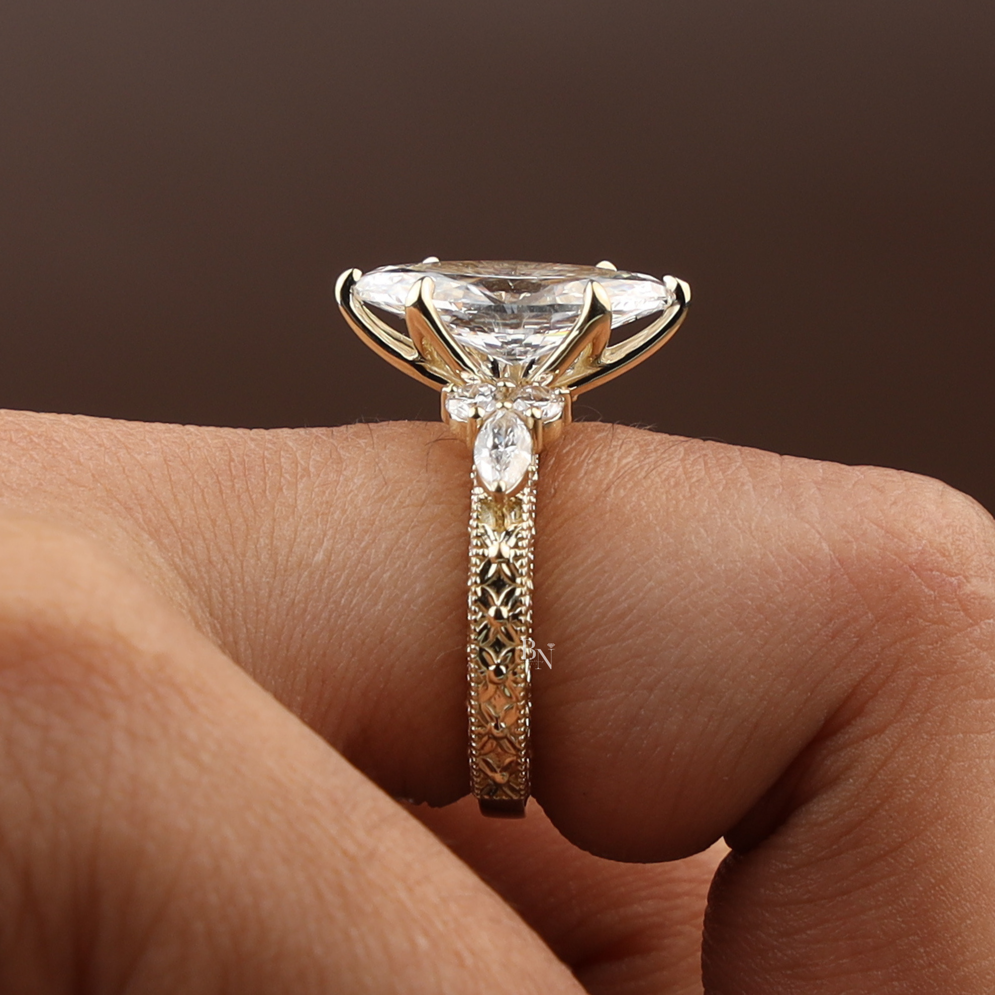 3ct Marquise Lab Grown Diamond Engagement Ring |  Gold Vintage Filigree Ring |  Lotus Setting | Antique Bridal Ring