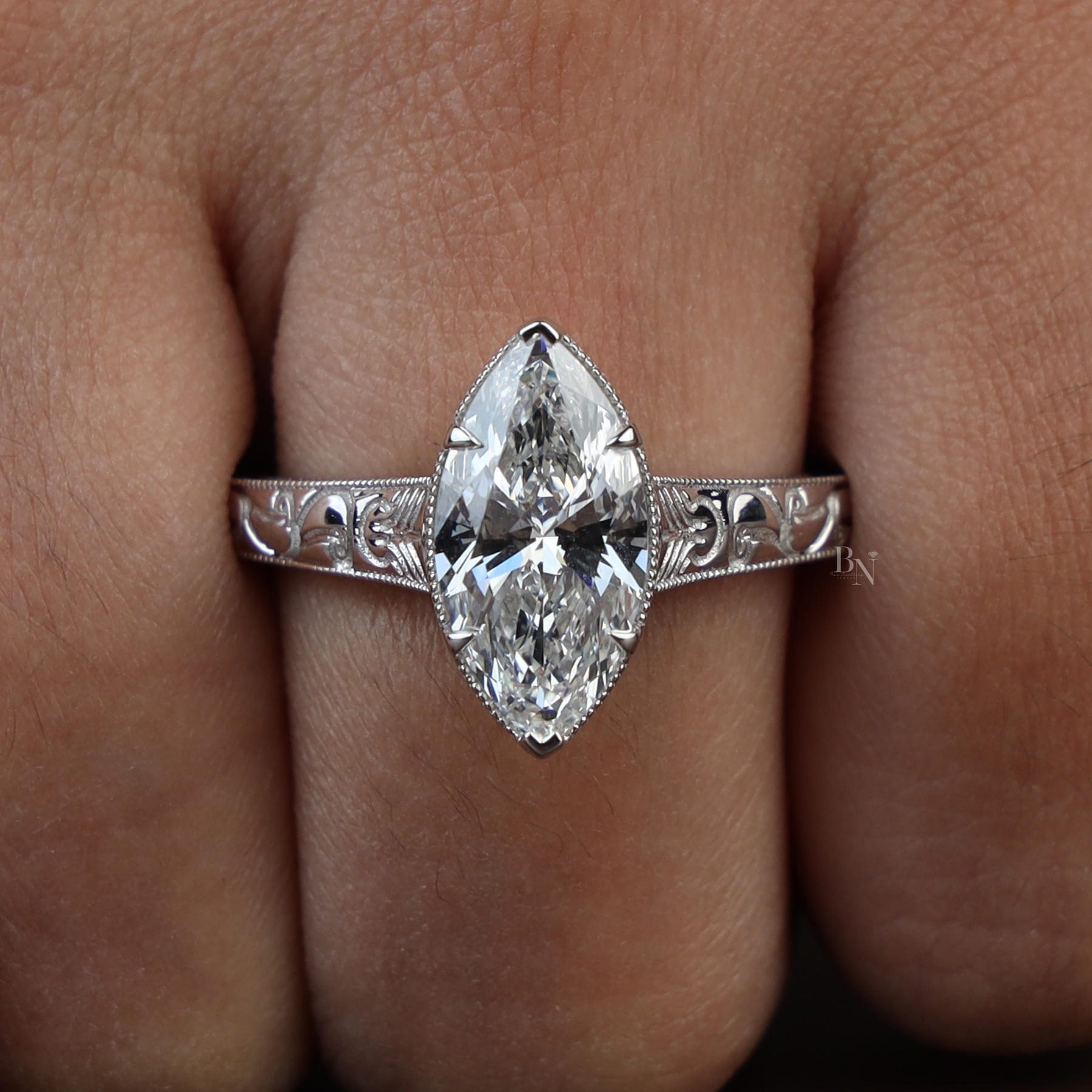 3ct Marquise Lab Grown Diamond Engagement Ring | Vintage Art Deco Engraved Milgrain Band 14K Gold