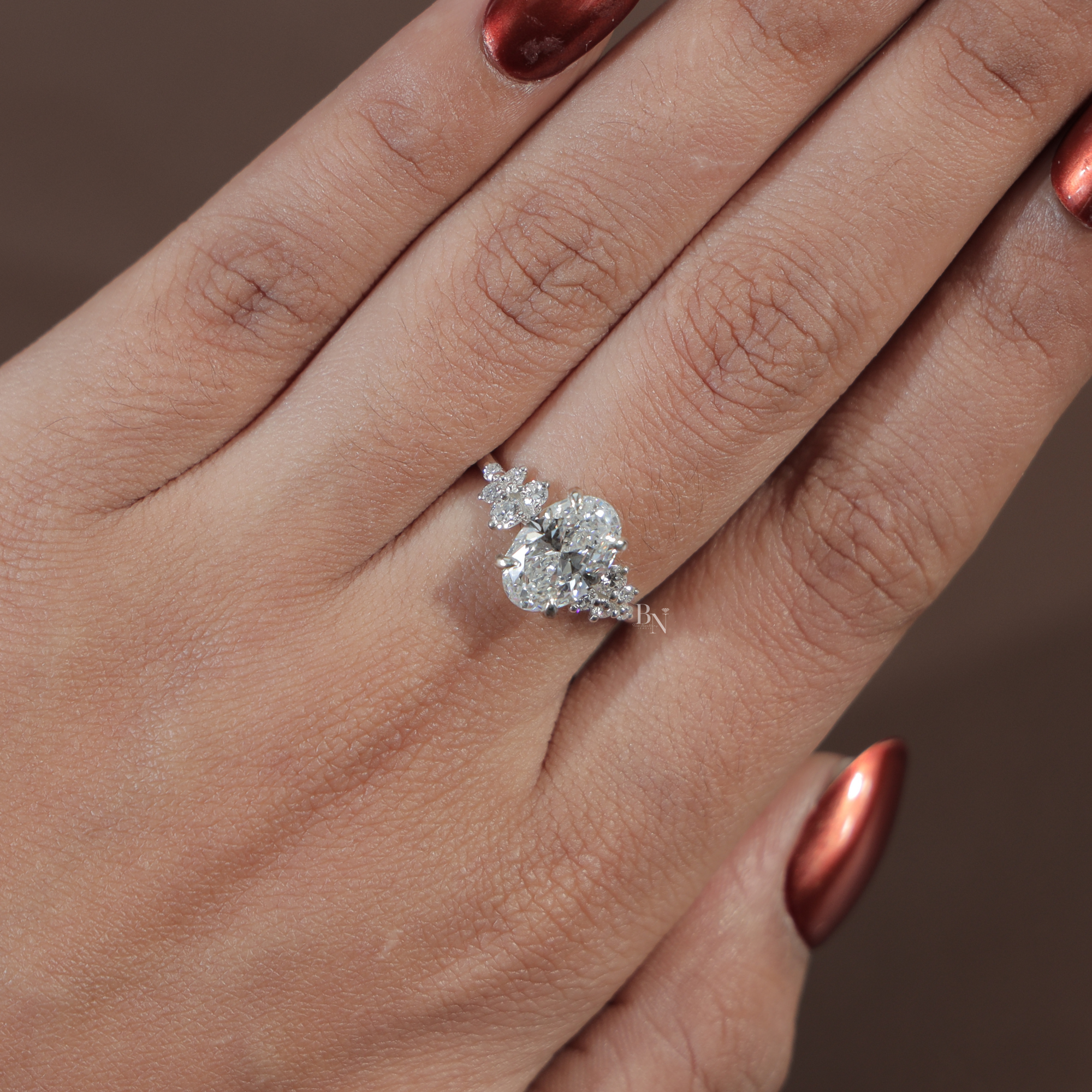 2 Carat Oval Lab Grown Diamond Engagement Ring | 14K White Gold Cluster Setting | IGI Certified | Unique Bridal Anniversary Ring |