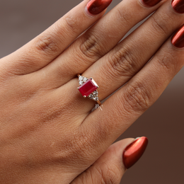 2ct Emerald Cut Red Lab Grown Diamond Engagement Ring | Hidden Halo Triple Cluster 14K Yellow Gold