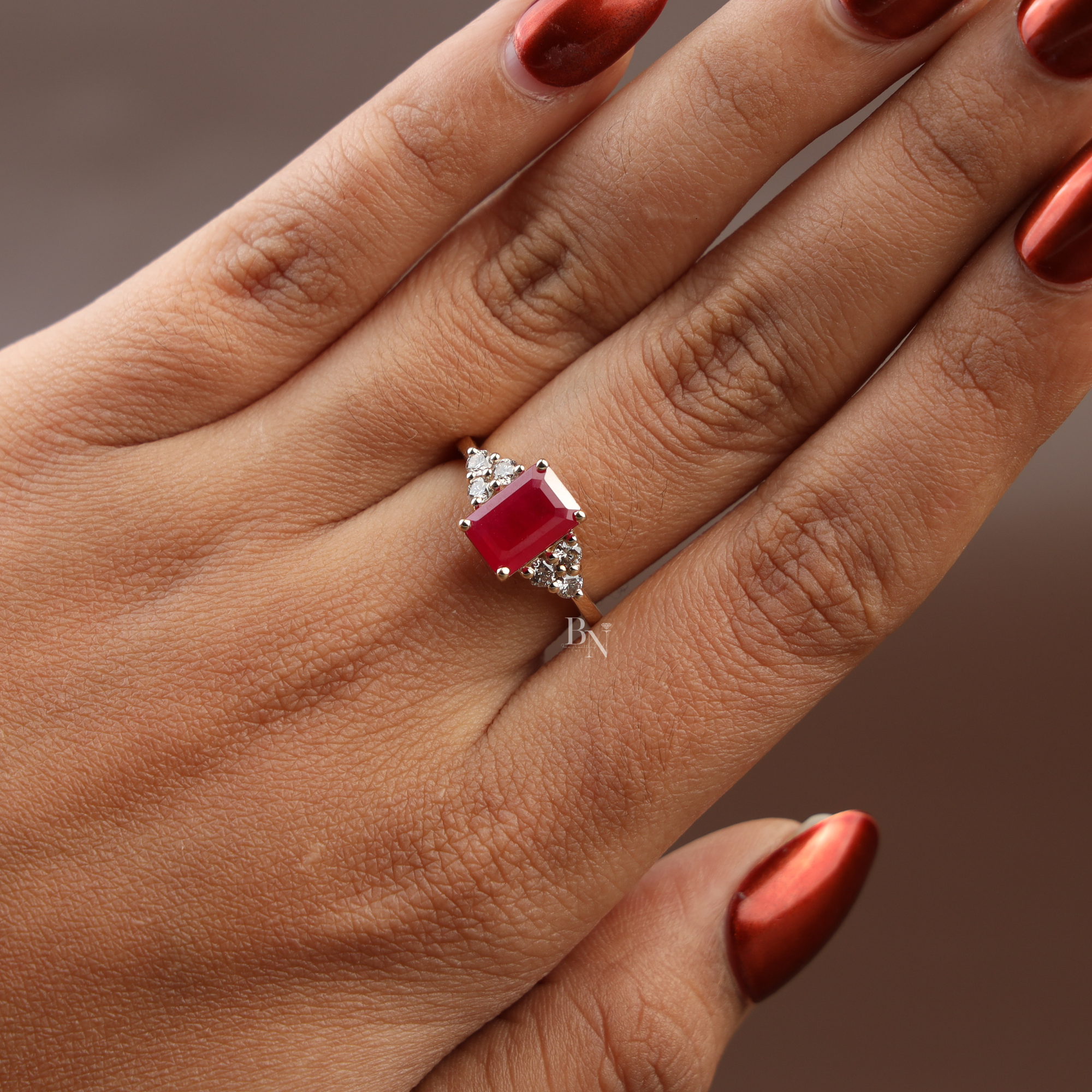 2ct Emerald Cut Red Lab Diamond Engagement Ring | 14K Yellow Gold | Hidden Halo | Triple Cluster Side Stone | Type IIa | IGI Certified Ruby