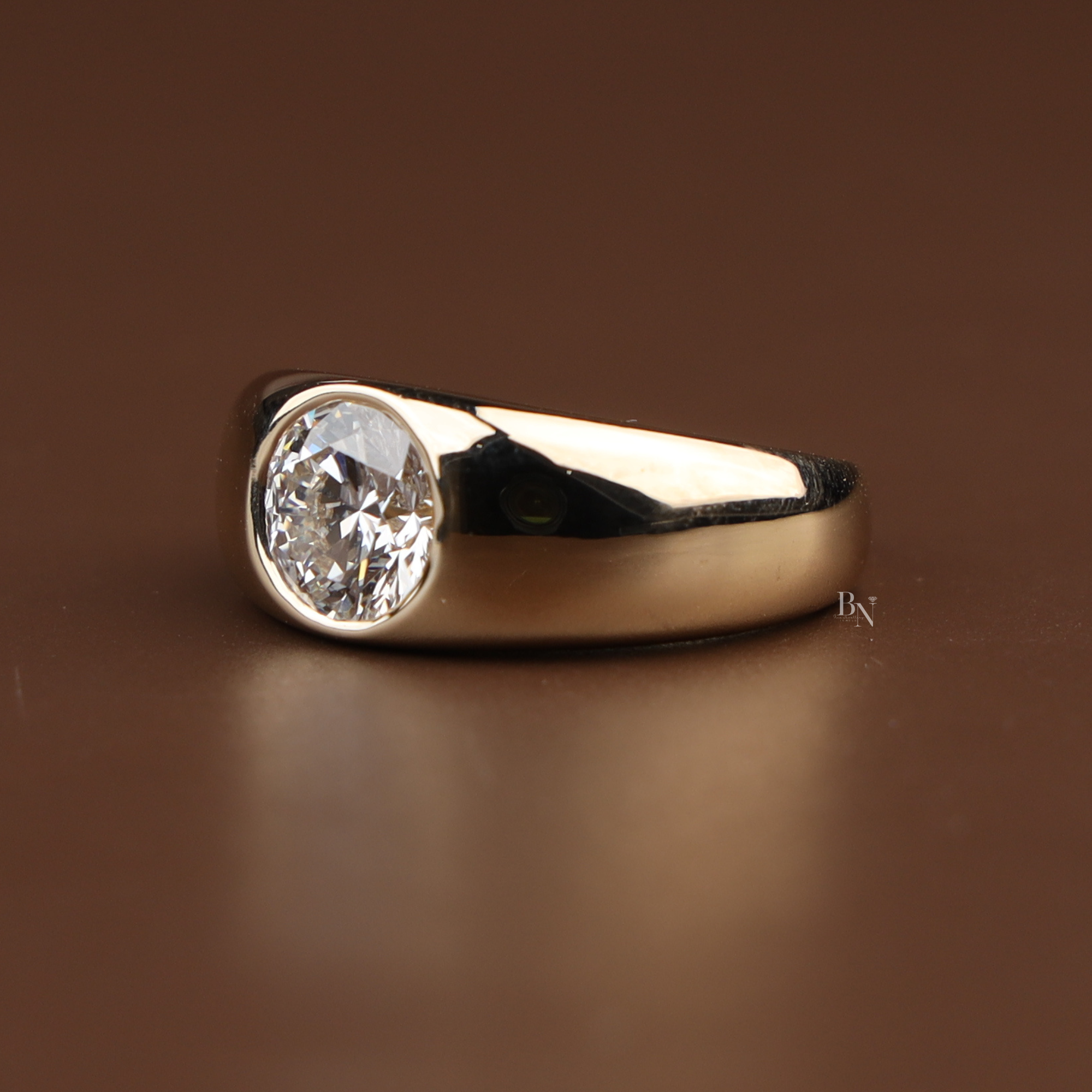 1.5ct Round Lab Grown Diamond Engagement Ring | Bezel Set Solitaire | 14K Yellow Gold Wide Band | IGI Certified |