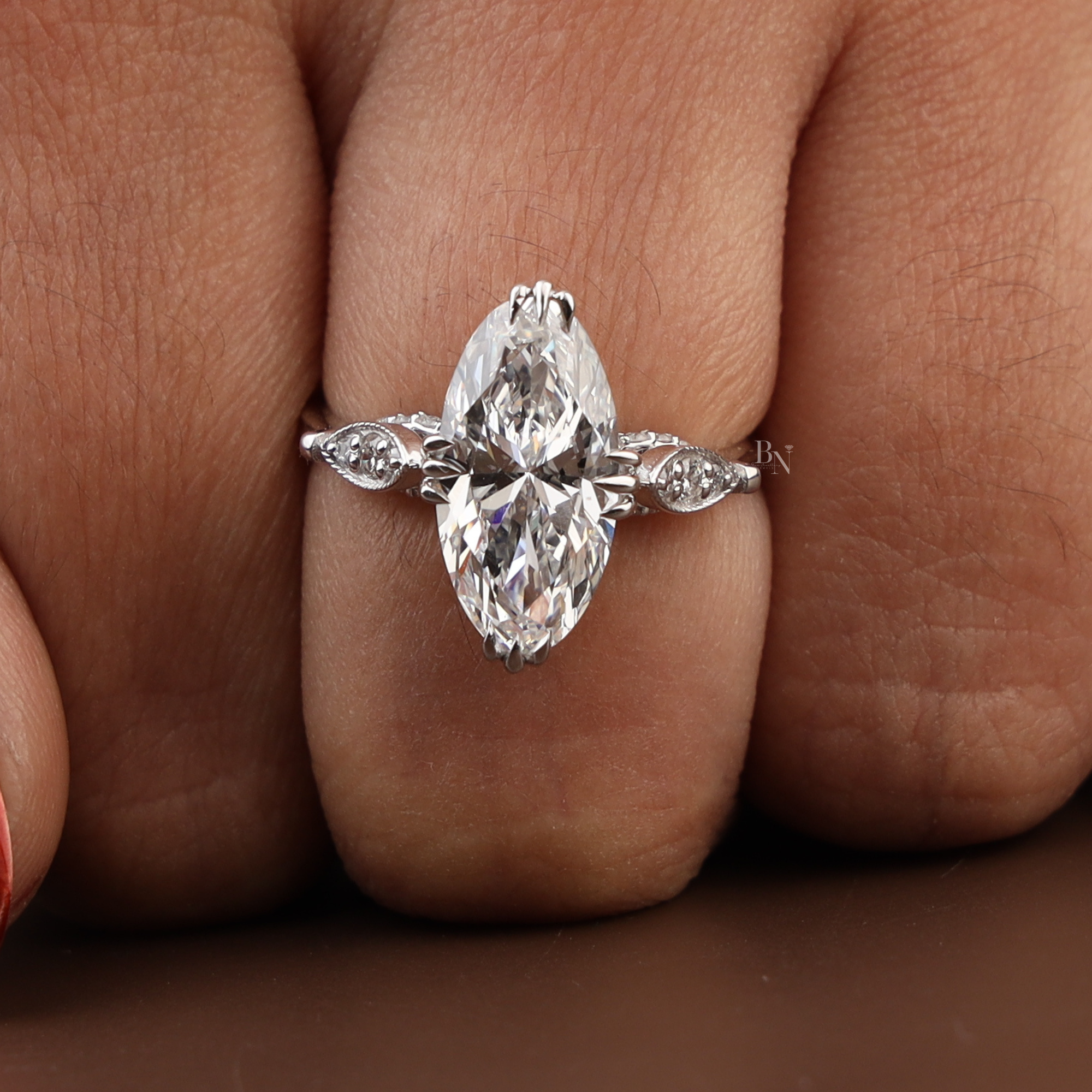 3ct Moval Cut Lab Grown Diamond Engagement Ring | 14K White Gold Vintage Solitaire | Milgrain Navette Band| Art Deco Promise