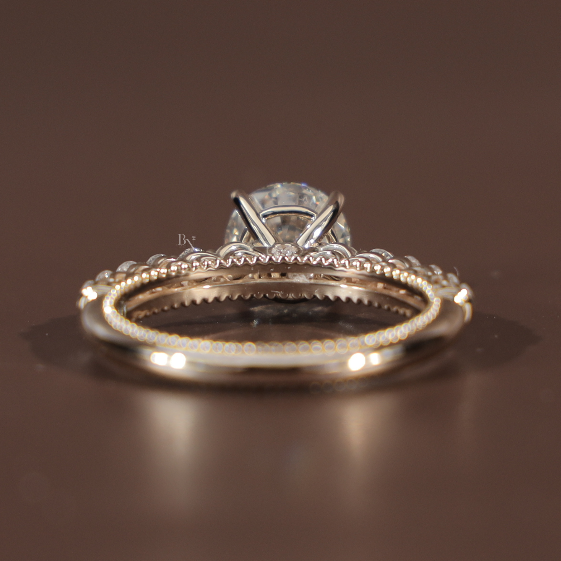 2ct Round Brilliant Lab Grown Diamond Engagement Ring | Filigree Gallery Pavé Milgrain Vintage 14K Rose Gold