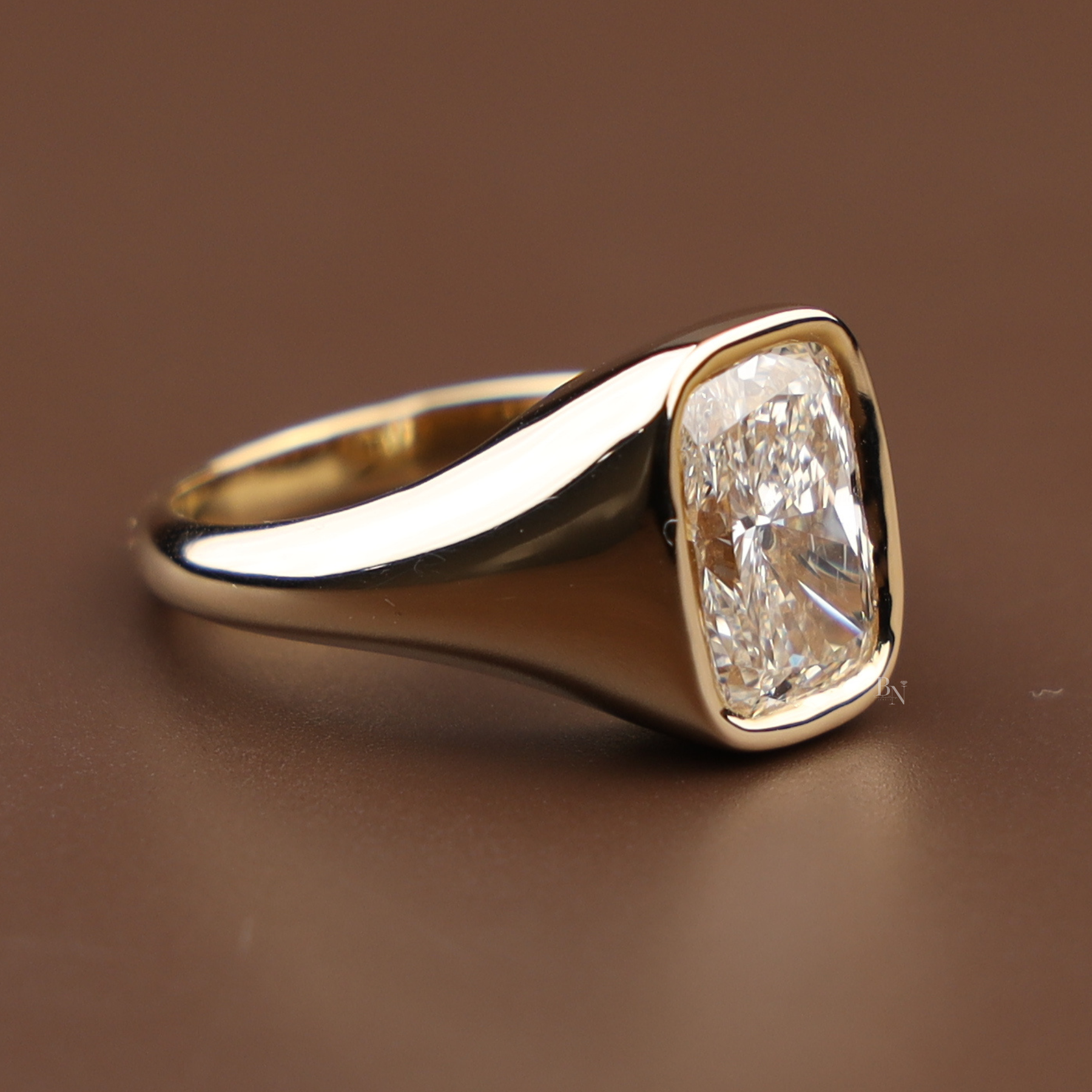 3ct Cushion Cut Lab Grown Diamond Engagement Ring | Bezel Set Signet 14K Yellow Gold