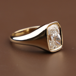 3ct Cushion Cut Lab Grown Diamond Engagement Ring | Bezel Set Signet 14K Yellow Gold