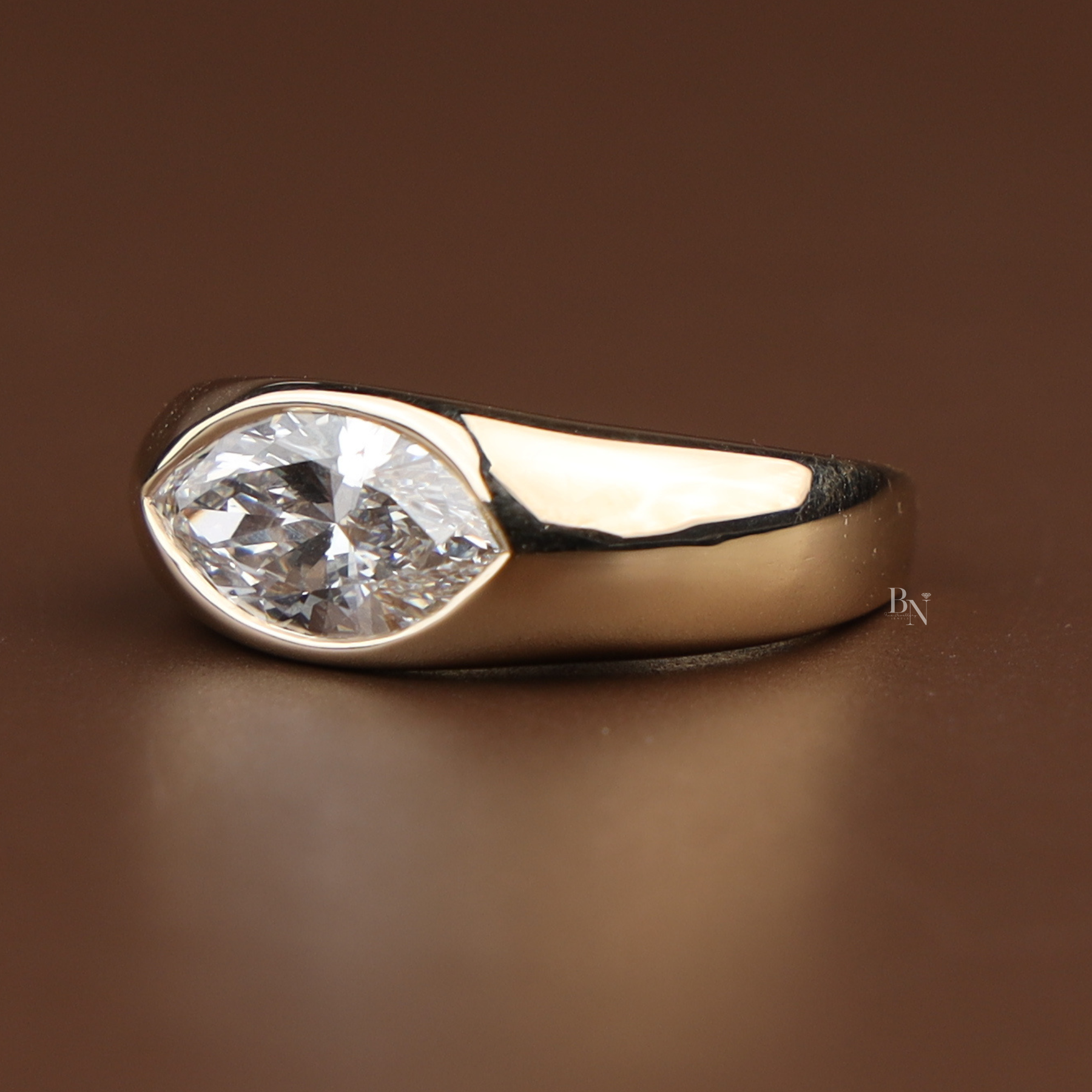 1.5ct Marquise Lab Grown Diamond Engagement Ring | East West Bezel Set Solitaire 14K Yellow Gold