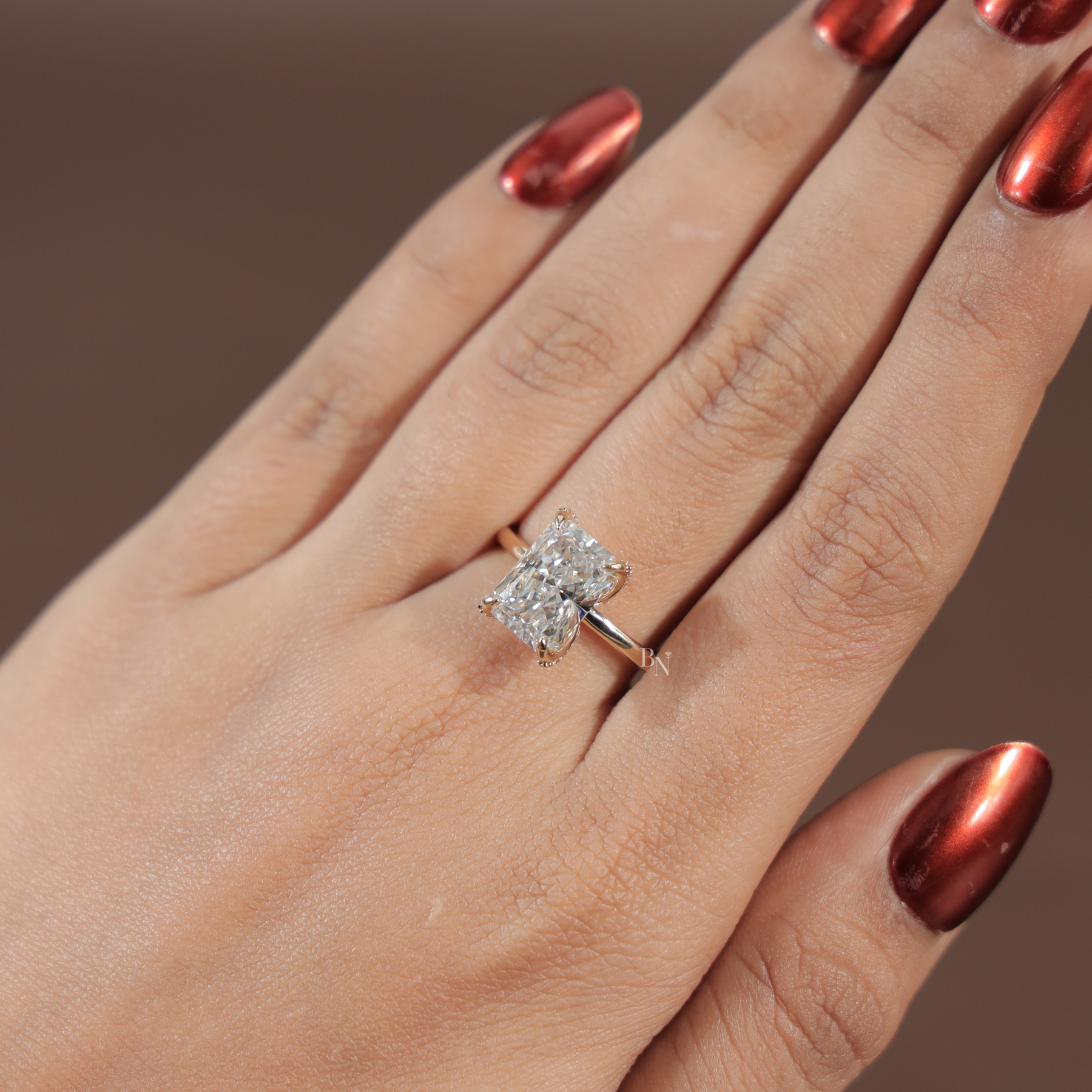 3.5ct Radiant Cut Lab Grown Diamond Engagement Ring | Hidden Halo Pavé Bridge 14K Yellow Gold