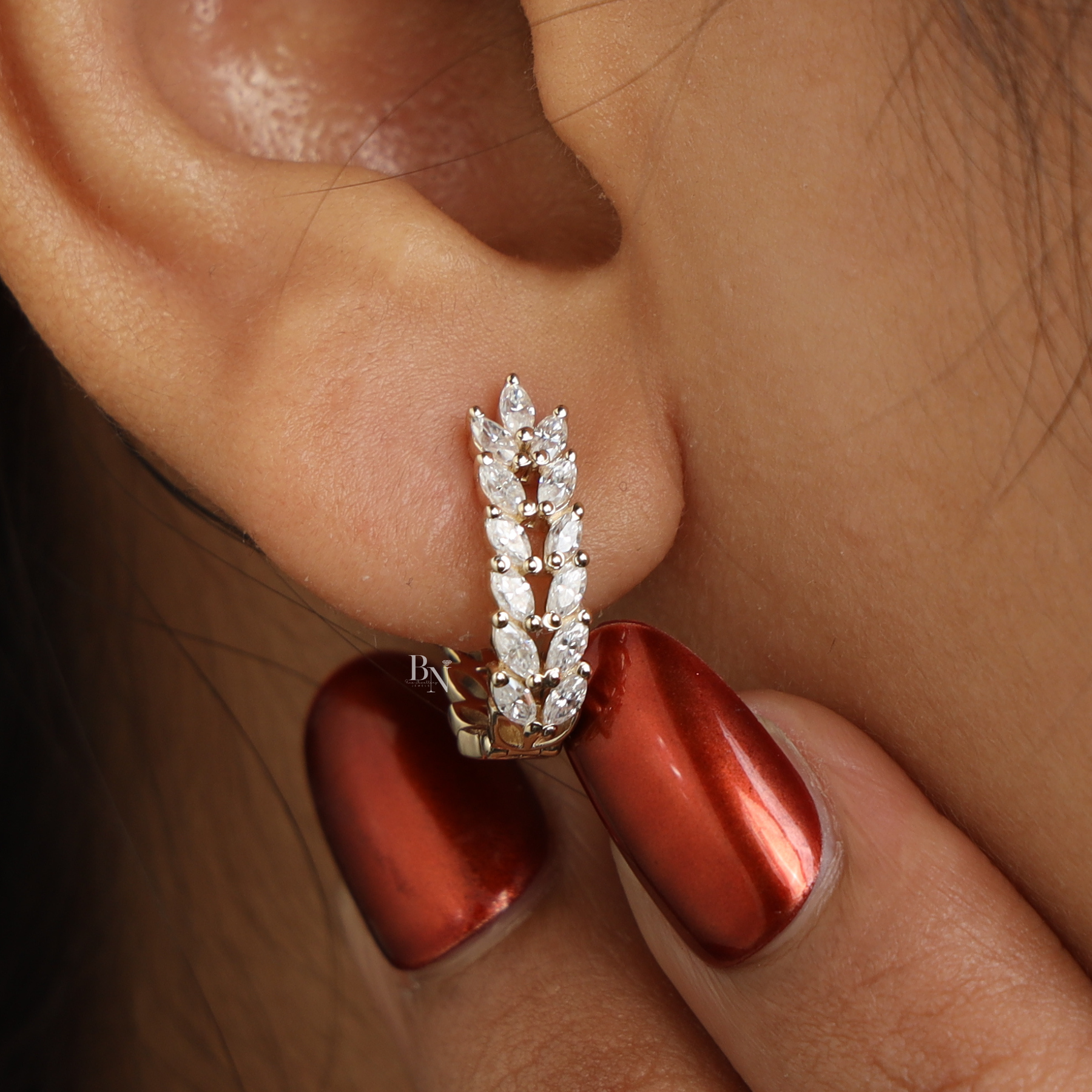 Marquise Lab Grown Diamond Vine Leaf Hoop Earrings | Huggie Hoops 14K Yellow Gold