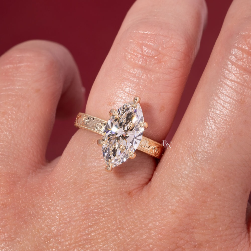 3ct Marquise Lab Grown Diamond Engagement Ring | 14K Yellow Gold | Vintage Hand Engraved Band | Art Deco Solitaire (photos of 3ct Ring)
