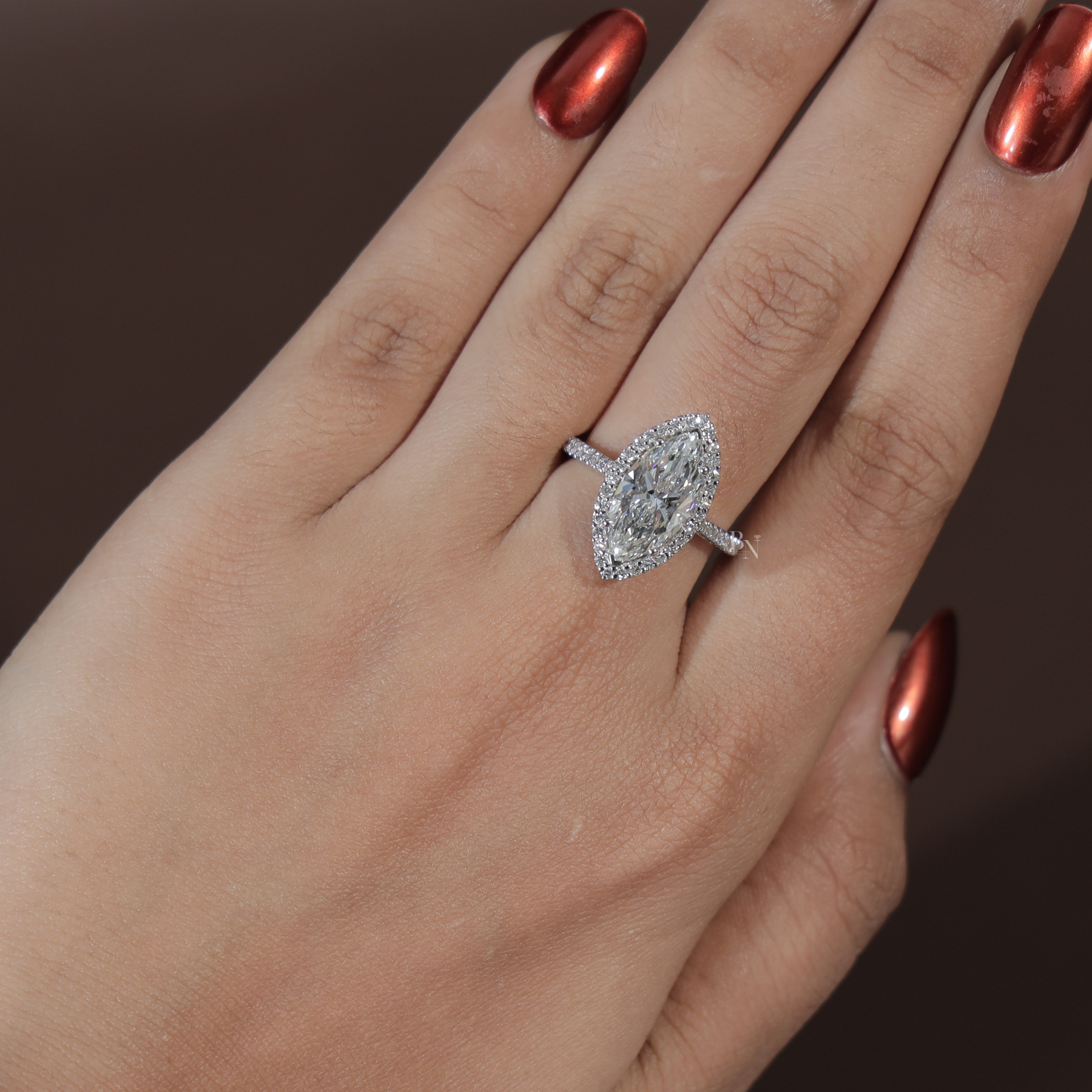 3ct Marquise Lab Grown Diamond Engagement Ring | Halo Pavé Band 14K White Gold