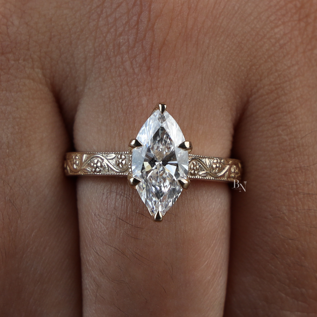 2 Carat Marquise Lab Grown Diamond Ring | Vintage Engraved Engagement Ring | Art Deco Wedding Band | Heirloom Quality Solitaire